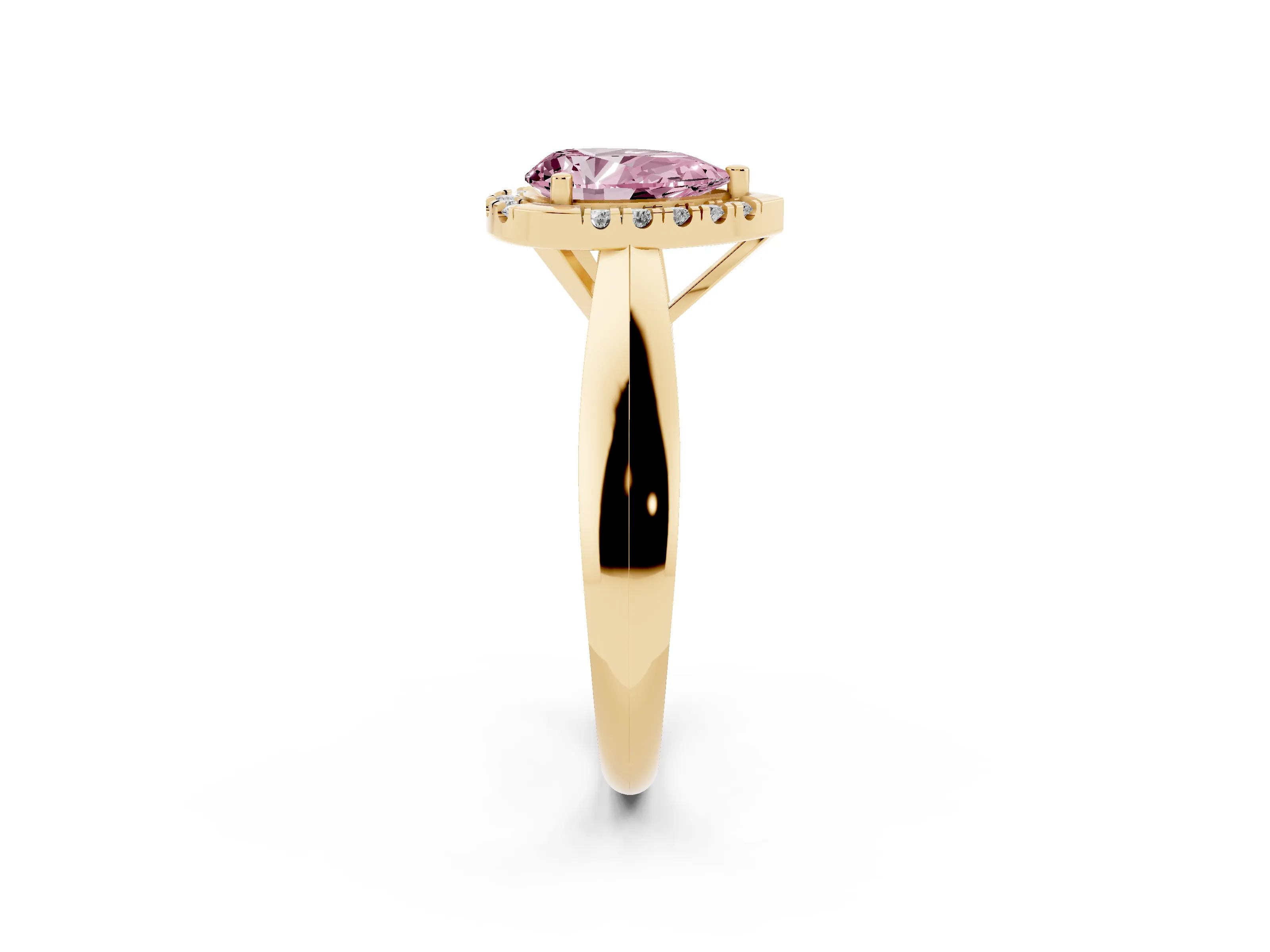 Fancy Pink Pear Cut Diamond Halo Solitaire Engagement Ring Set in Yellow gold with Square Band and Prong Setting