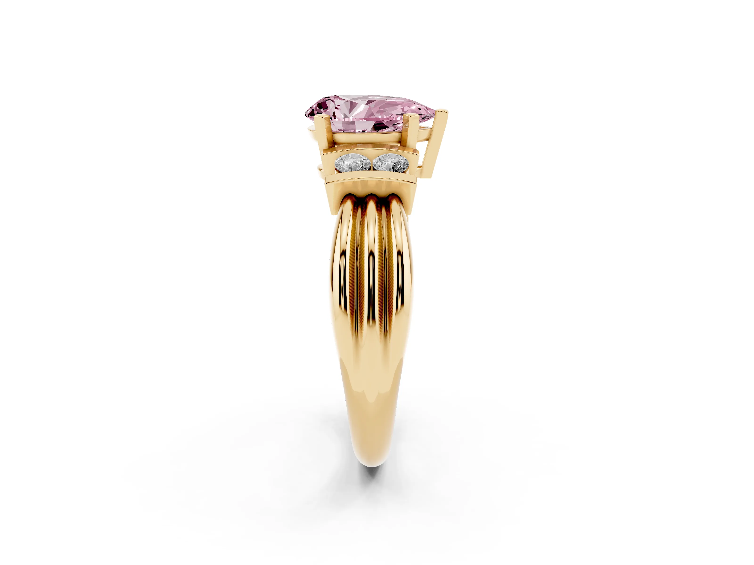Fancy Pink Three-Stone Pear Cut Diamond Channel Set Ring Set in Yellow gold with Bar Prongs