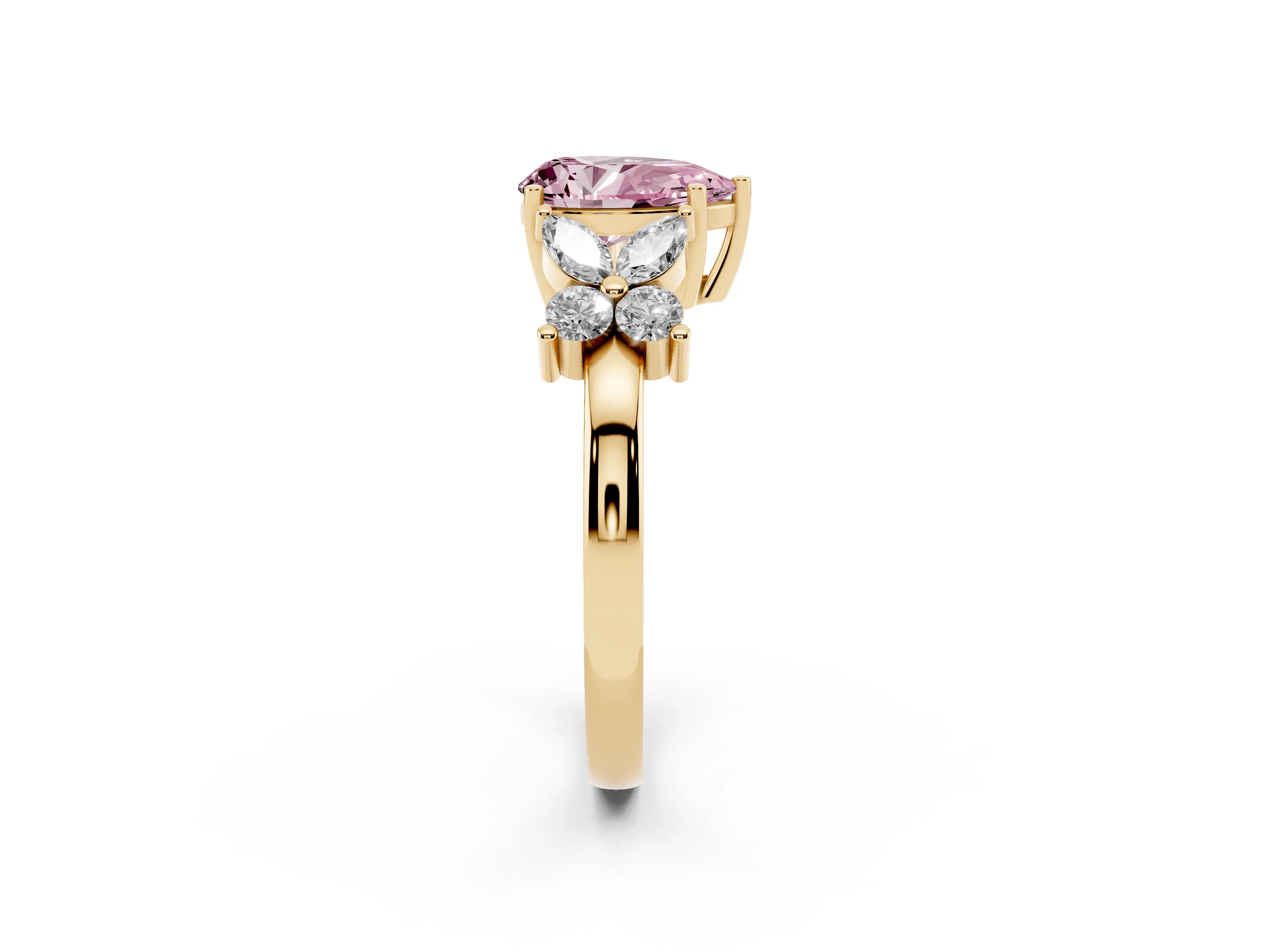 Fancy Pink Pear Cut Diamond Floral Cluster Ring Set in Yellow gold with Marquise Petals and Prong Setting