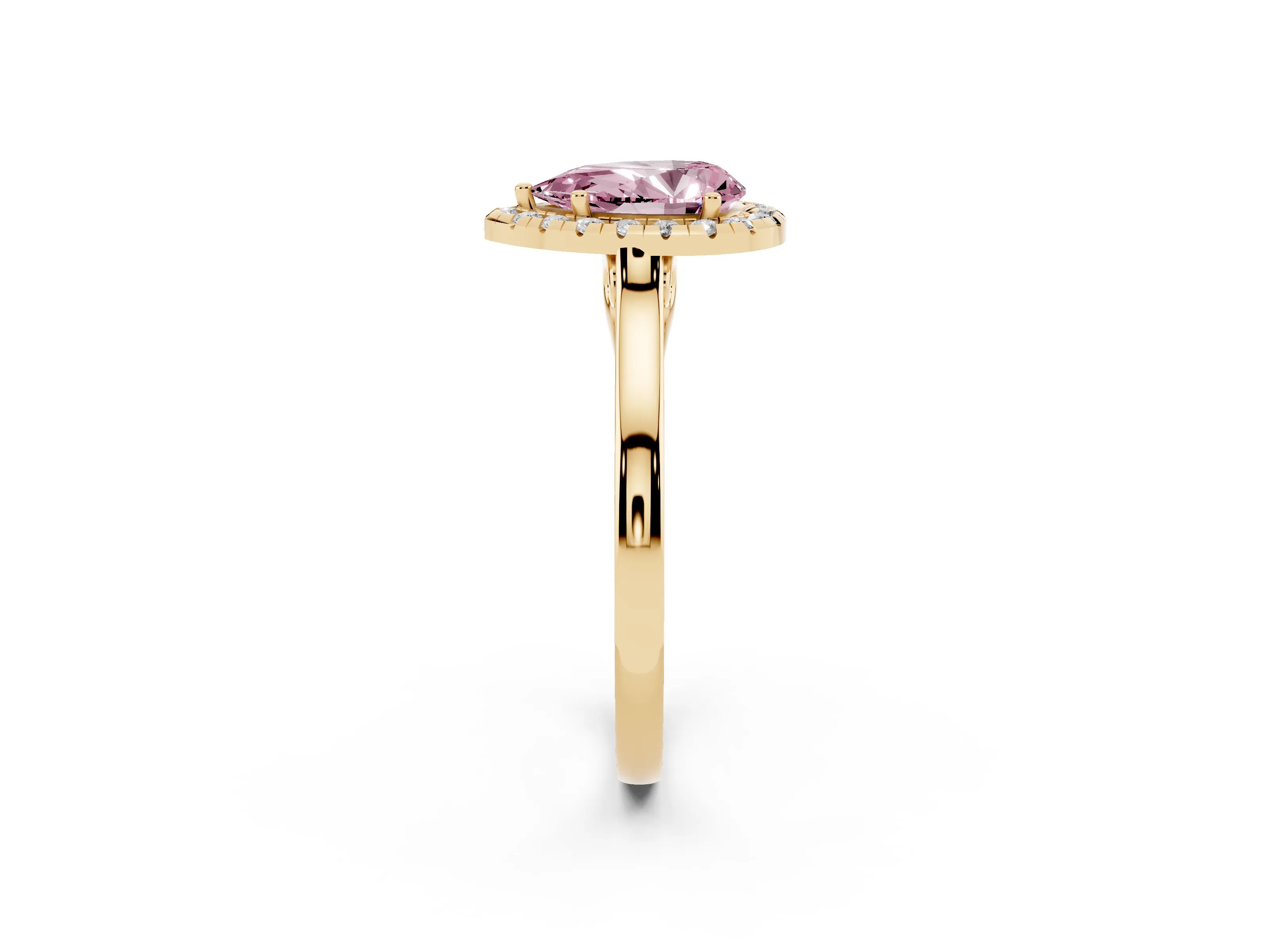 Fancy Pink Pear Cut Halo Round Diamond Solitaire Ring Set in Yellow gold with Pavé Band and Prong Setting