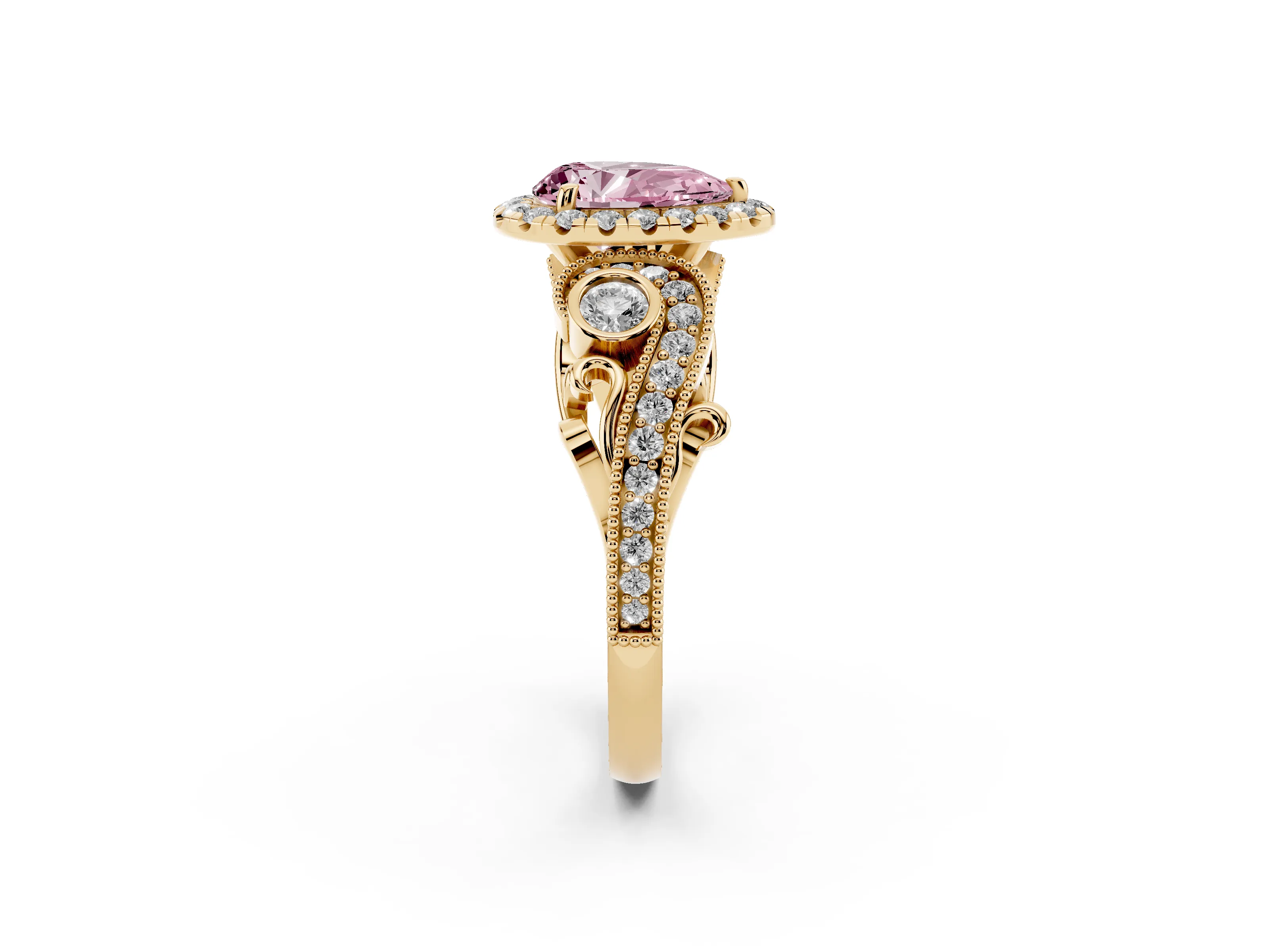 Fancy Pink Pear Cut Diamond Halo Ring Set in Yellow gold with Milgrain Pavé Band and Prong Setting