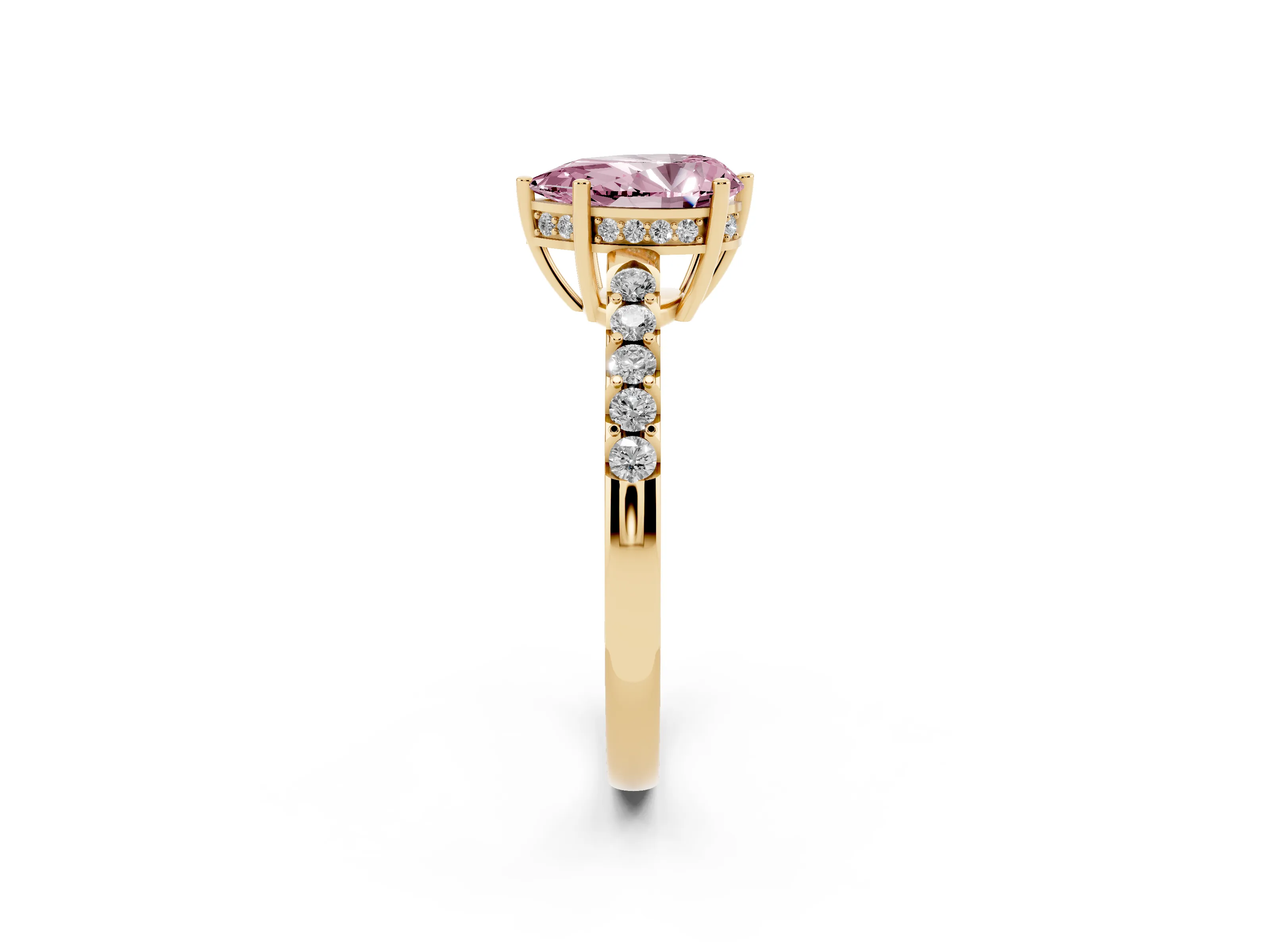 Fancy Pink Pear Cut Diamond Solitaire Engagement Ring Set in Yellow gold with Pavé Band and Prong Setting
