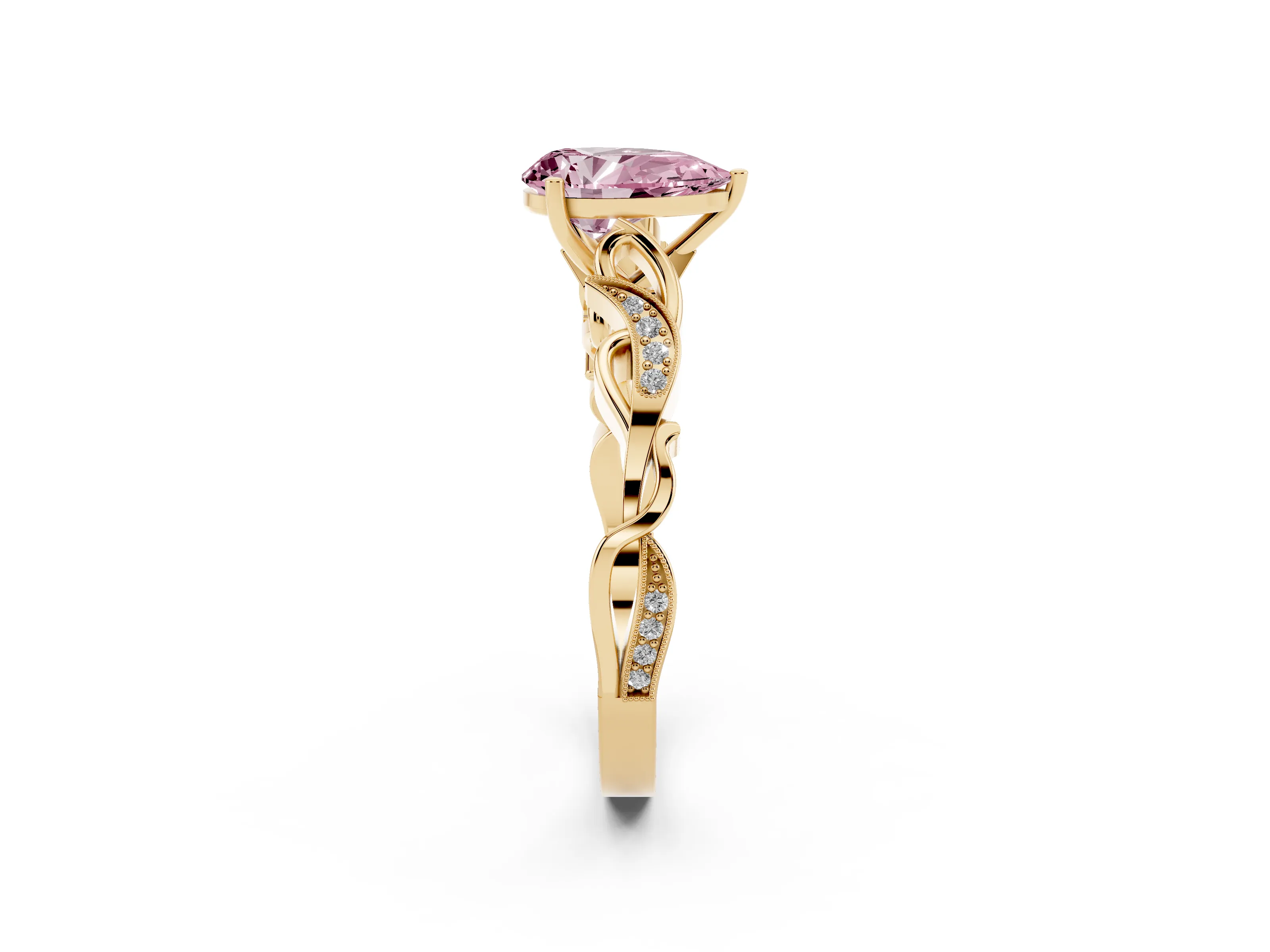 Fancy Pink Pear Cut Diamond Vine Band Solitaire Ring Set in Yellow gold with Milgrain Prong Setting