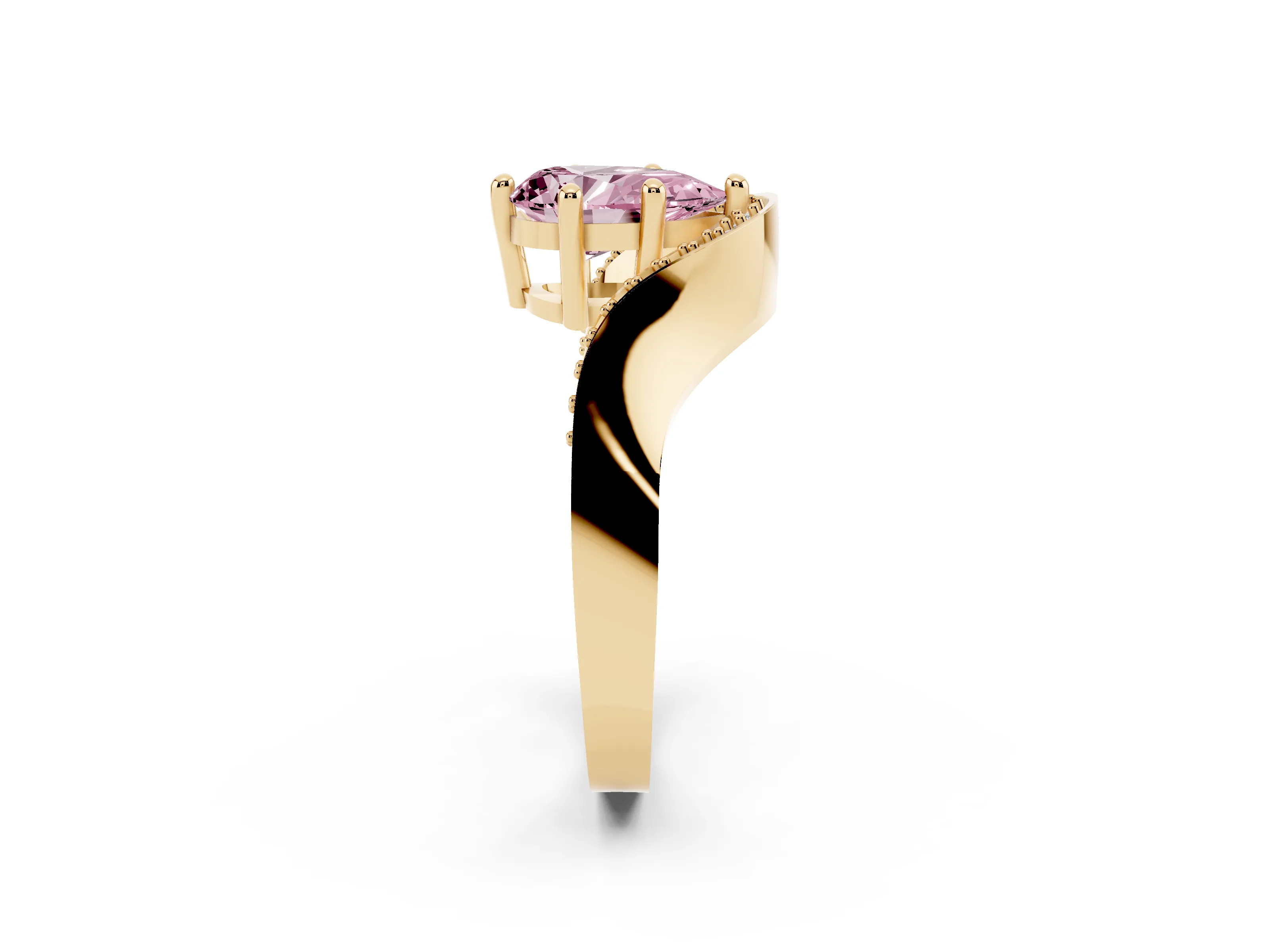 Fancy Pink Pear Cut Diamond Solitaire Engagement Ring Set in Yellow gold with Pavé Shoulders