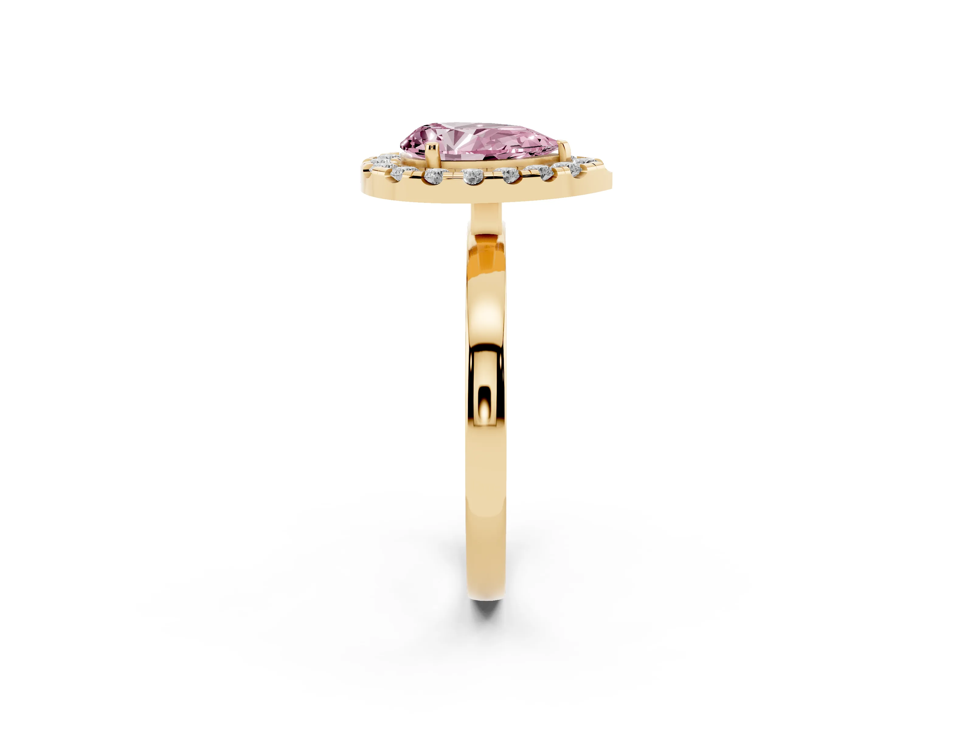 Fancy Pink Pear Cut Diamond Halo Solitaire Ring Set in Yellow gold with Pavé Band and Prong Setting