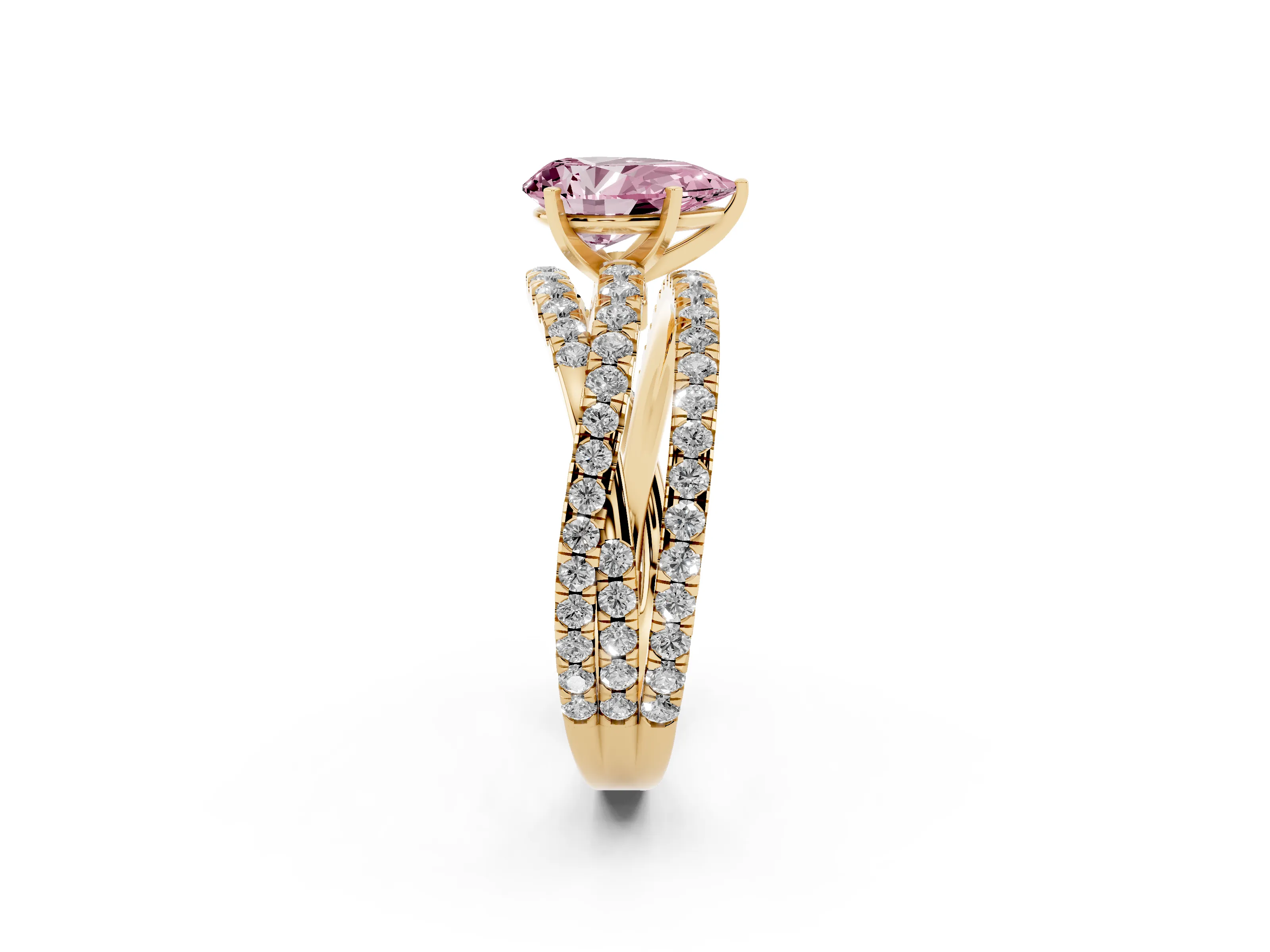 Fancy Pink Pear Cut Diamond Solitaire Twist Band Ring Set in Yellow gold with Pavé Setting and Prong Head