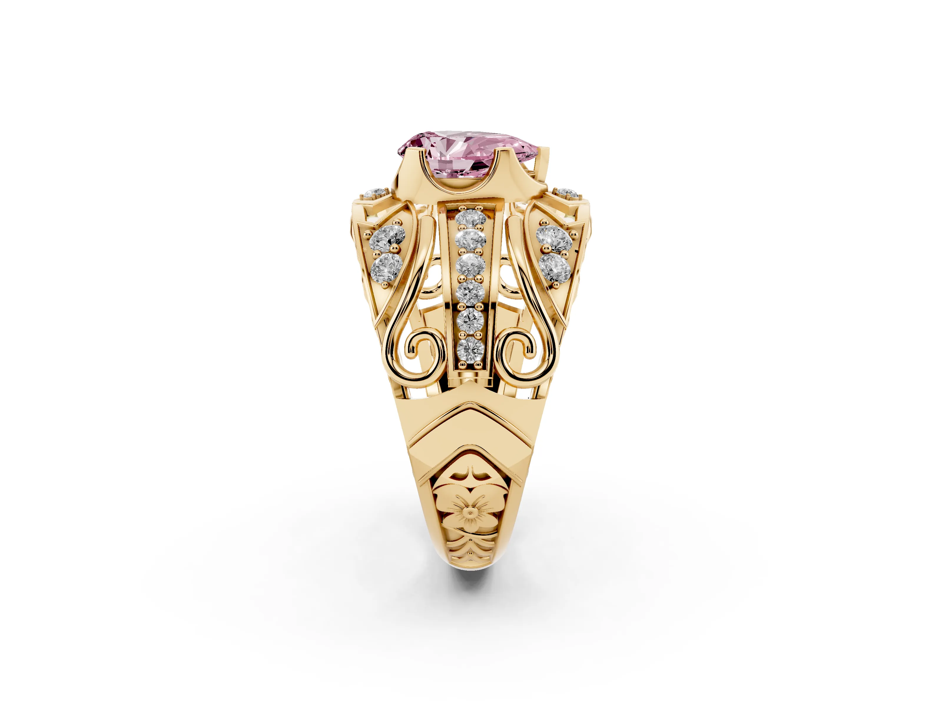 Fancy Pink Pear Cut Diamond Art Deco Ring Set in Yellow gold with Pavé Split Shank