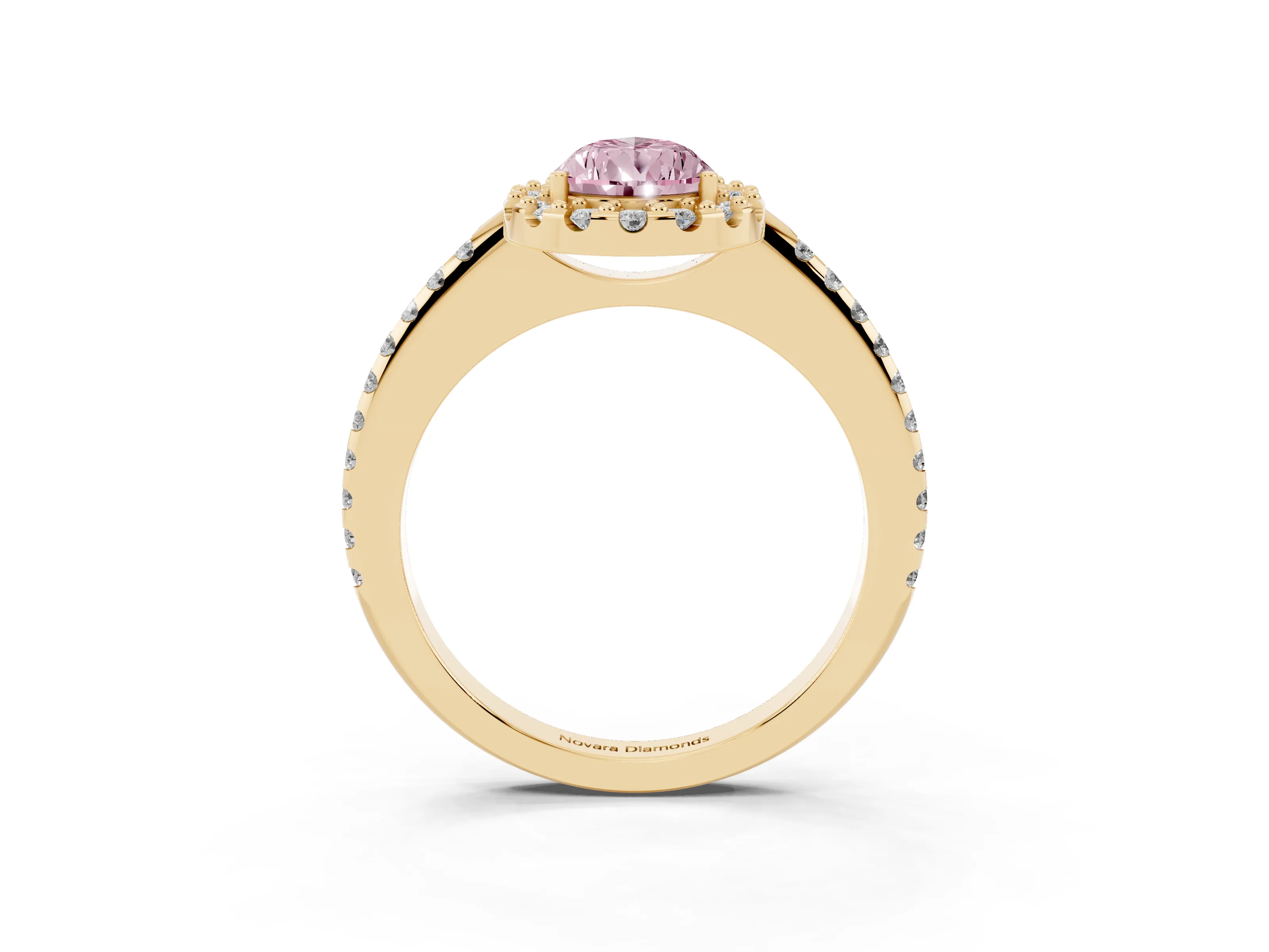 Fancy Pink Pear Cut Diamond Pavé Halo Ring Set in Yellow gold with Prong Setting