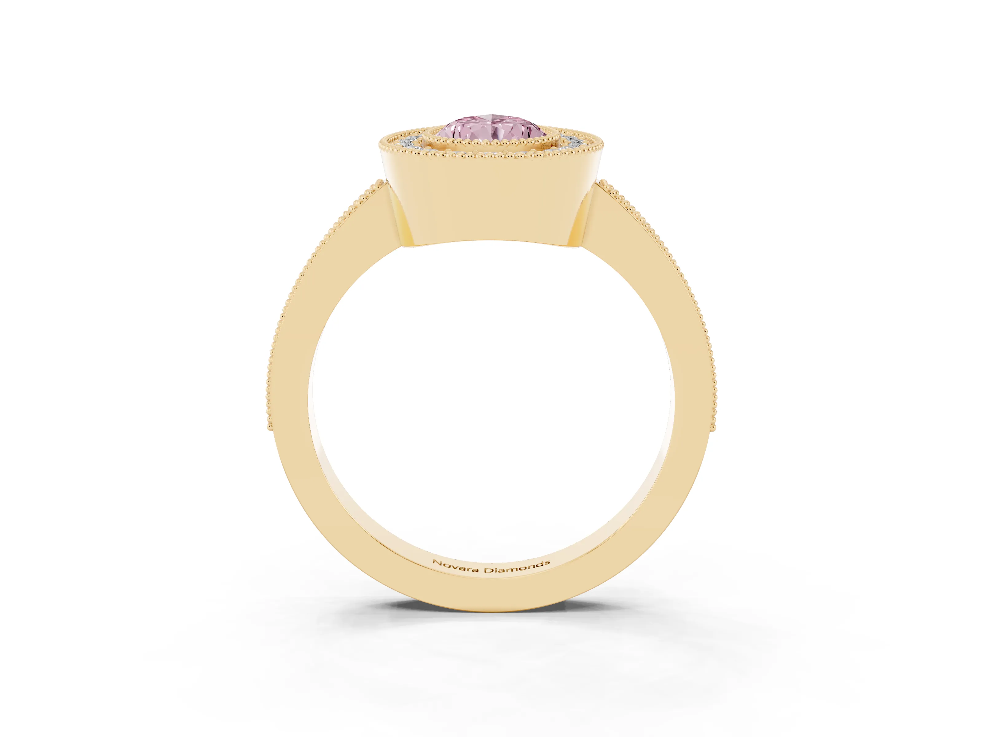 Fancy Pink Pear Cut Diamond Halo Engagement Ring Set in Yellow gold with Pavé Band and Round Halo Stones