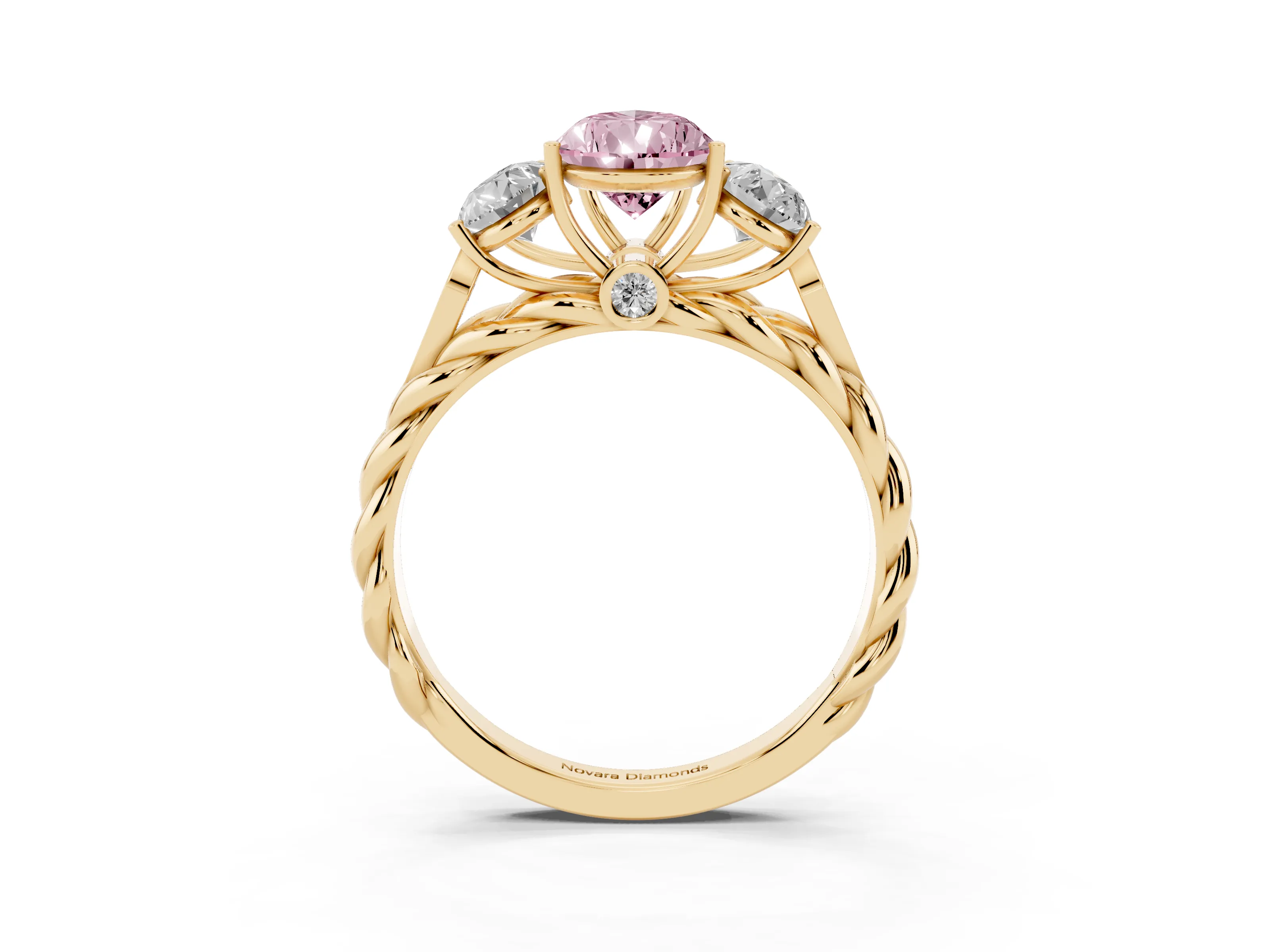 Fancy Pink Pear Cut Diamond Three-Stone Ring Set in Yellow gold with Braided Band