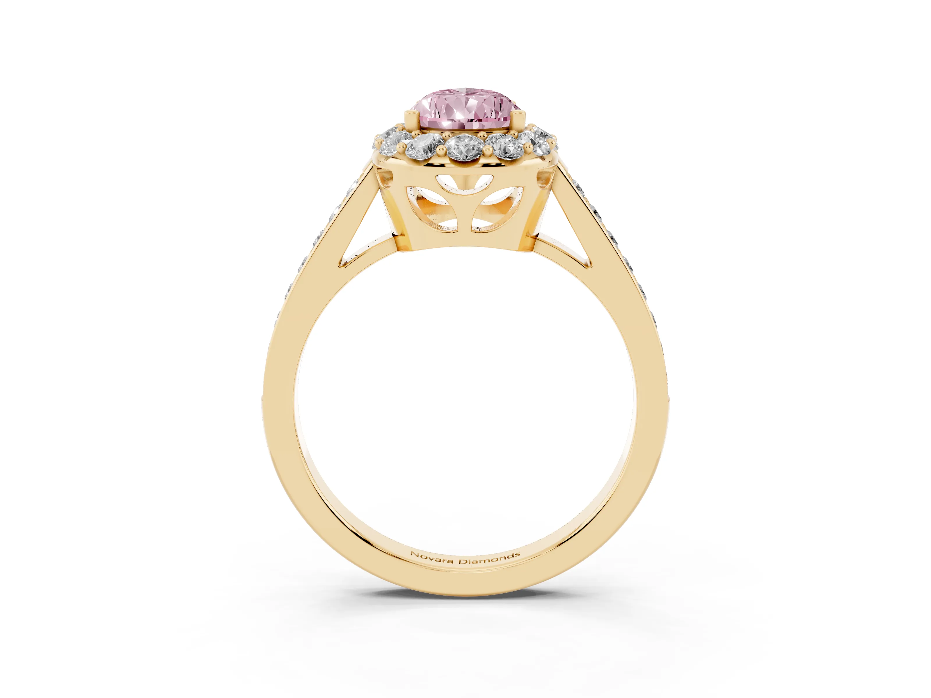 Fancy Pink Pear Cut Diamond Floral Halo Ring Set in Yellow gold with Pavé Band and Prong Setting