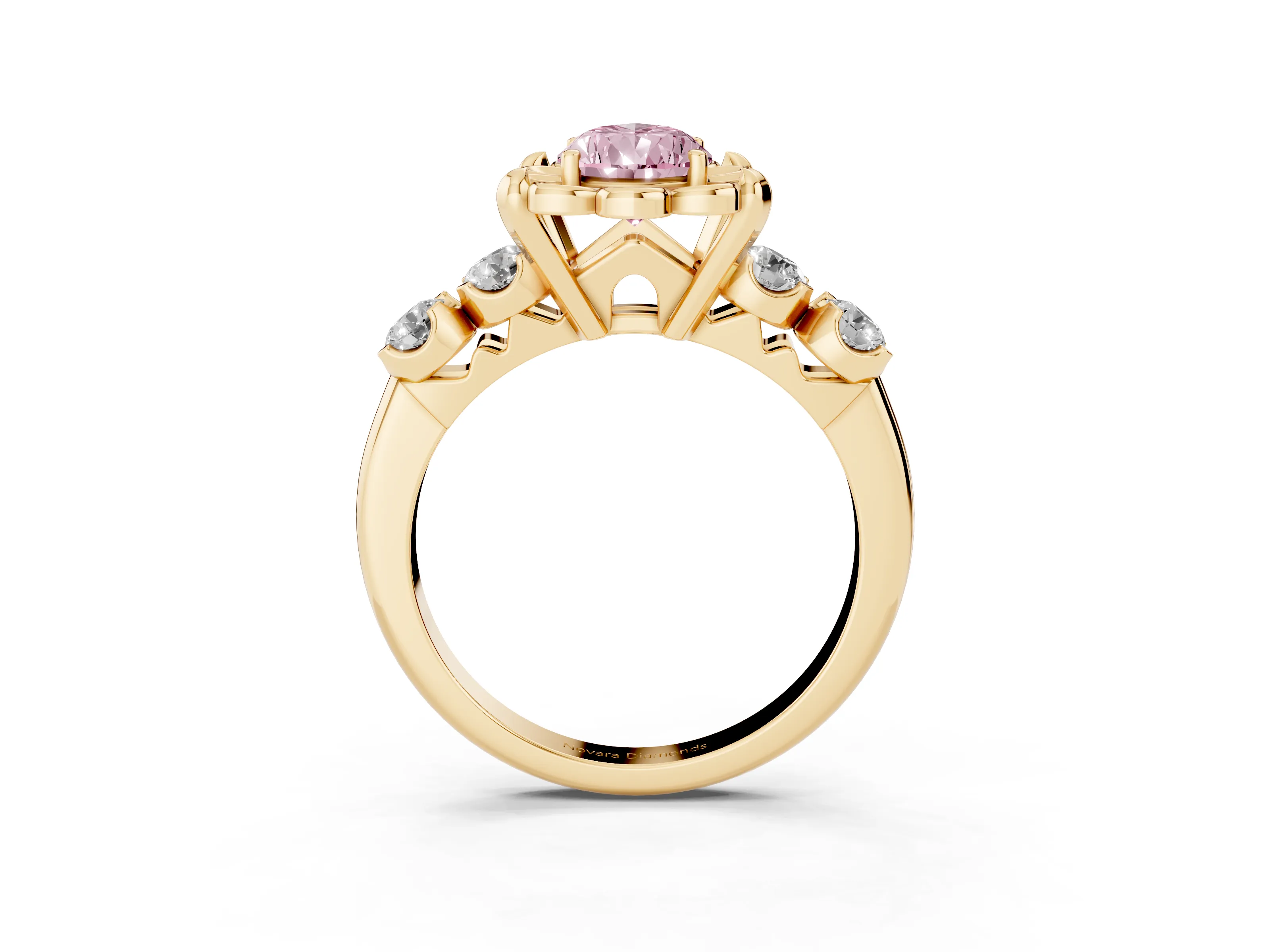Fancy Pink Pear Cut Diamond Floral Halo Ring Set in Yellow gold with Shared Prong Band