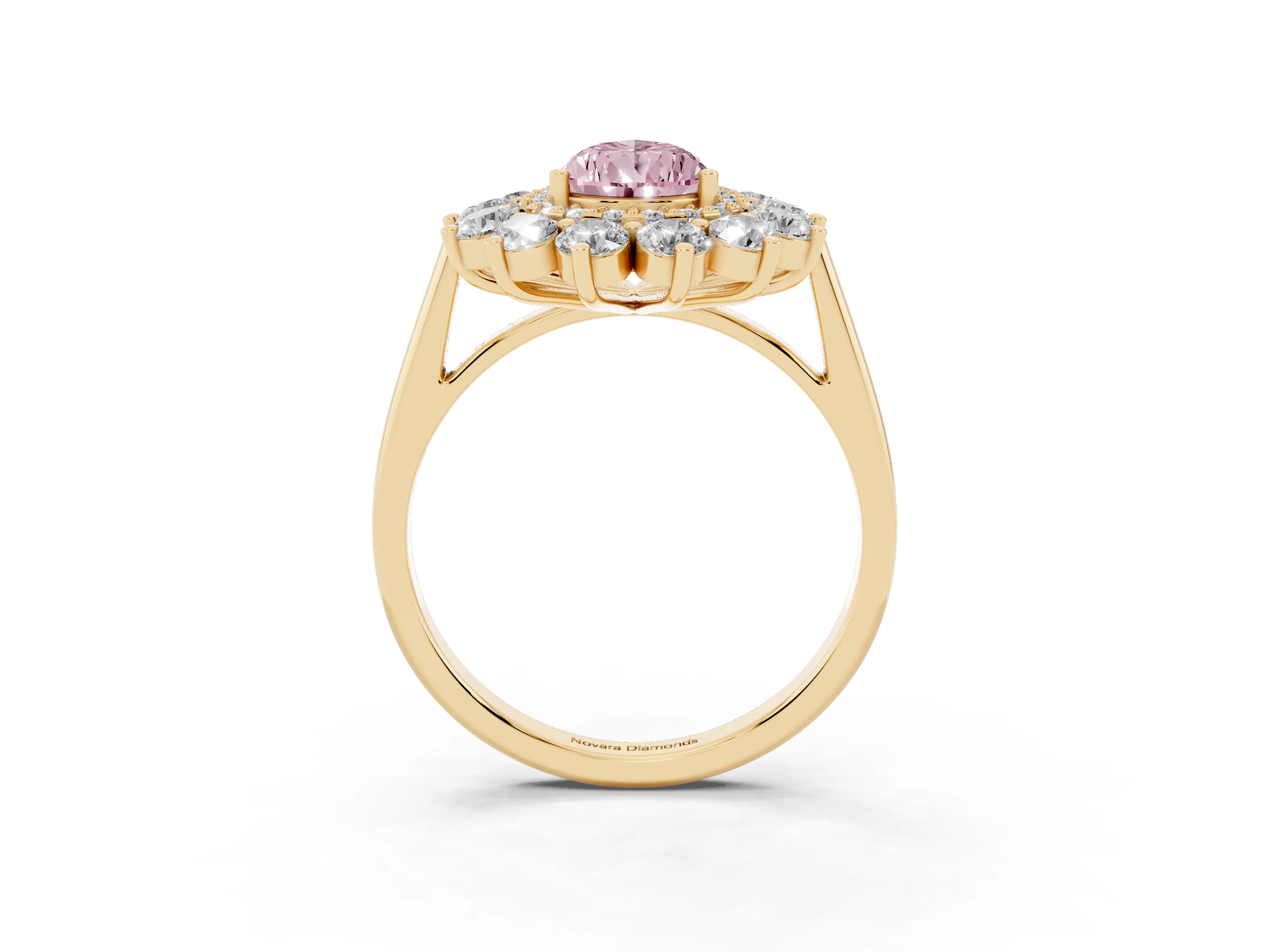 Fancy Pink Pear Cut Diamond Floral Double Halo Ring Set in Yellow gold with Round Petals