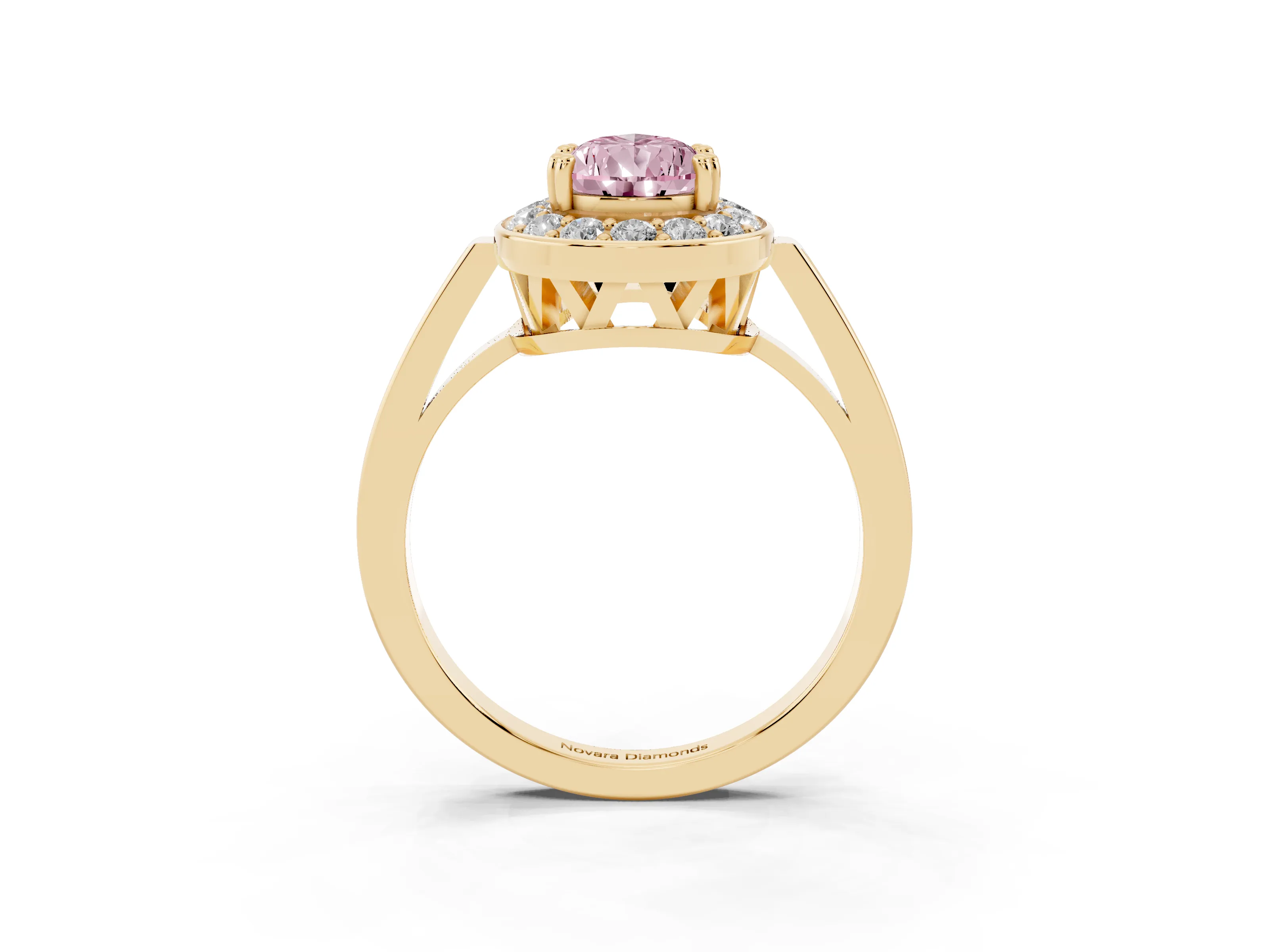Fancy Pink Pear Cut Diamond Halo Ring Set in Yellow gold with Accent-Lined Split Shank and Prong Setting