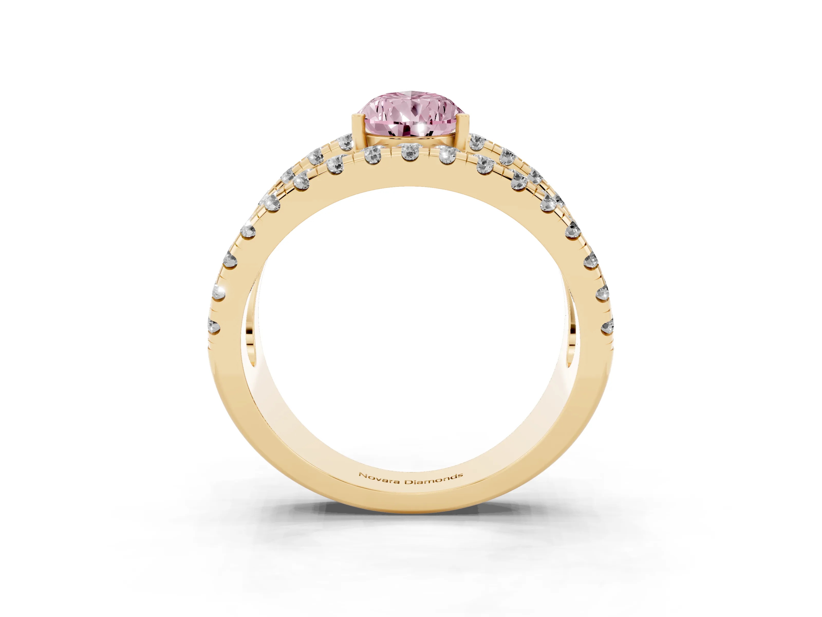 Fancy Pink Pear Cut Diamond Split Shank Pavé Solitaire Ring Set in Yellow gold with Open Shank Design