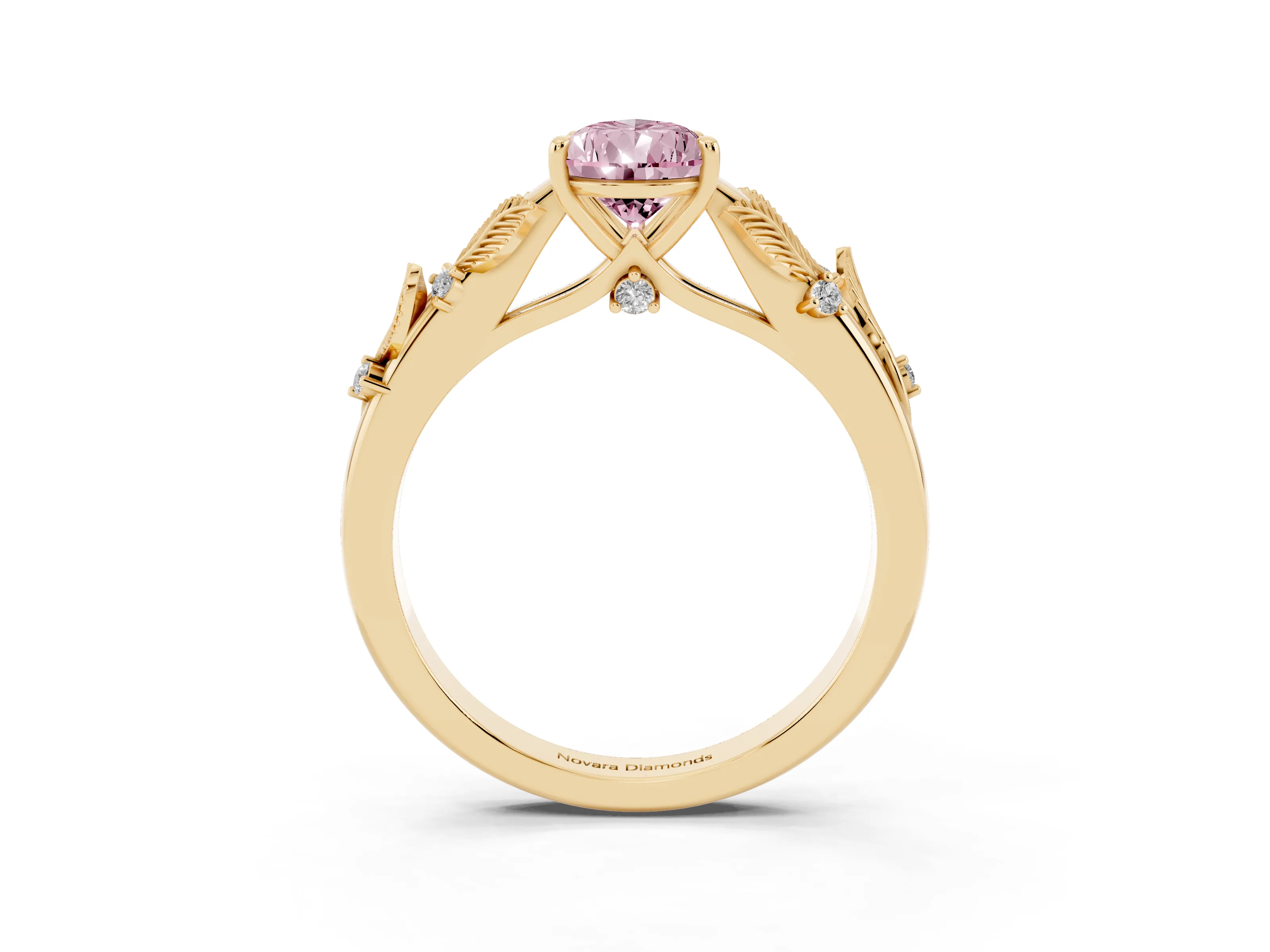 Fancy Pink Pear Cut Diamond Solitaire Ring Set in Yellow gold with Leaf Motif Band