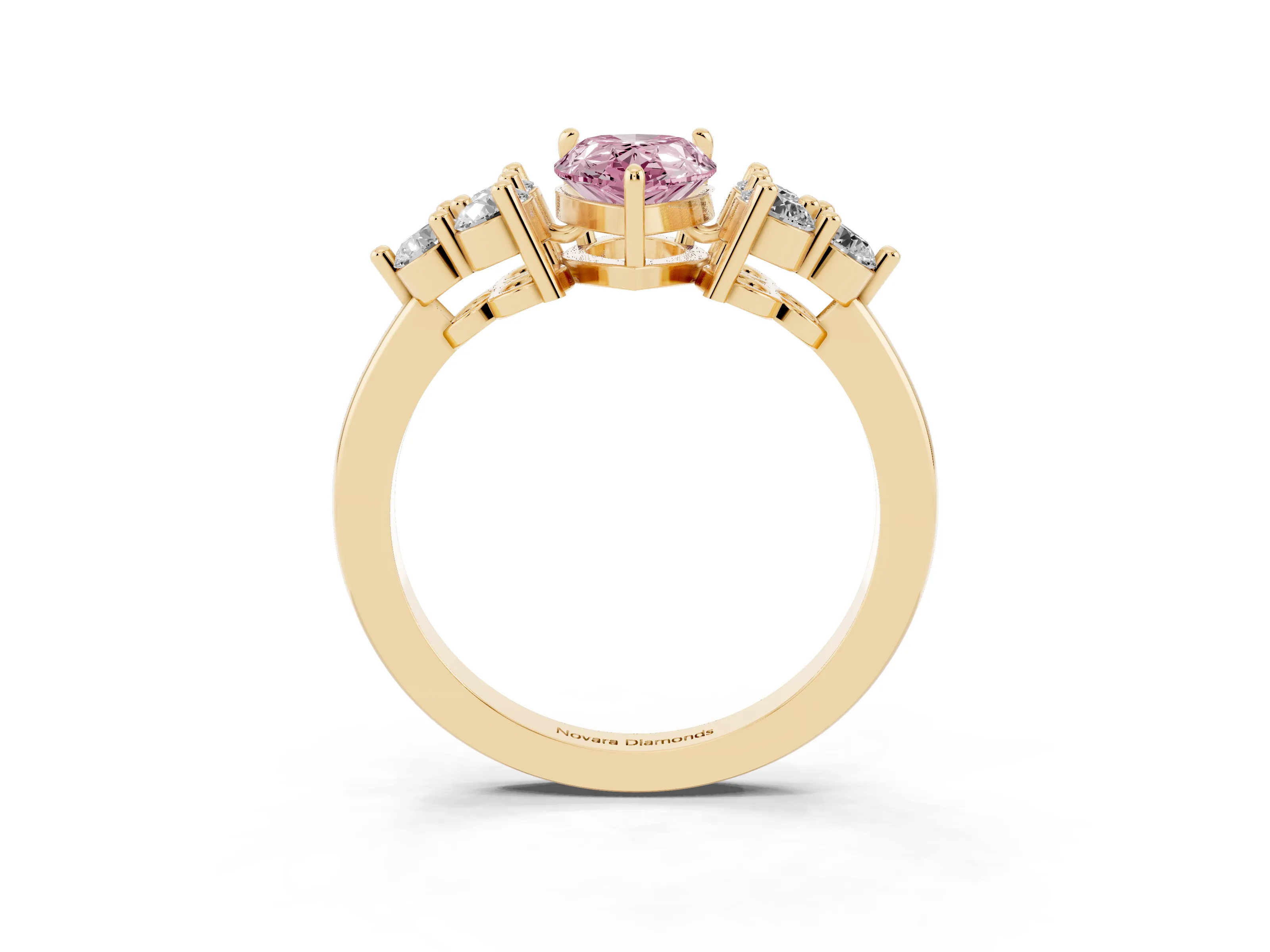 Fancy Pink Pear Cut Diamond Solitaire Ring Set in Yellow gold with Cluster Accents on Each Side