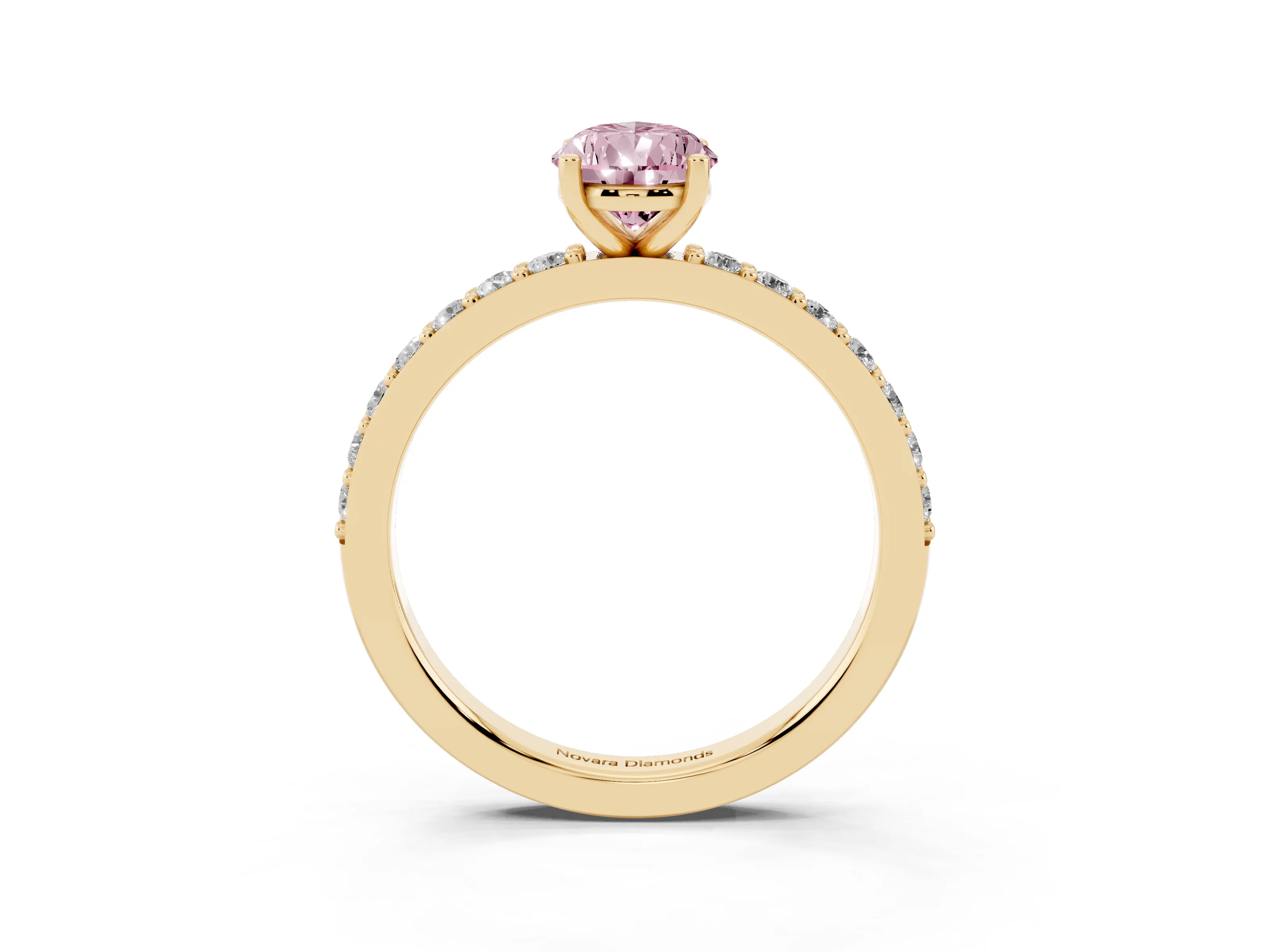 Fancy Pink Pear Cut Diamond Solitaire Set in Yellow gold with Round Pavé Band and Prong Setting