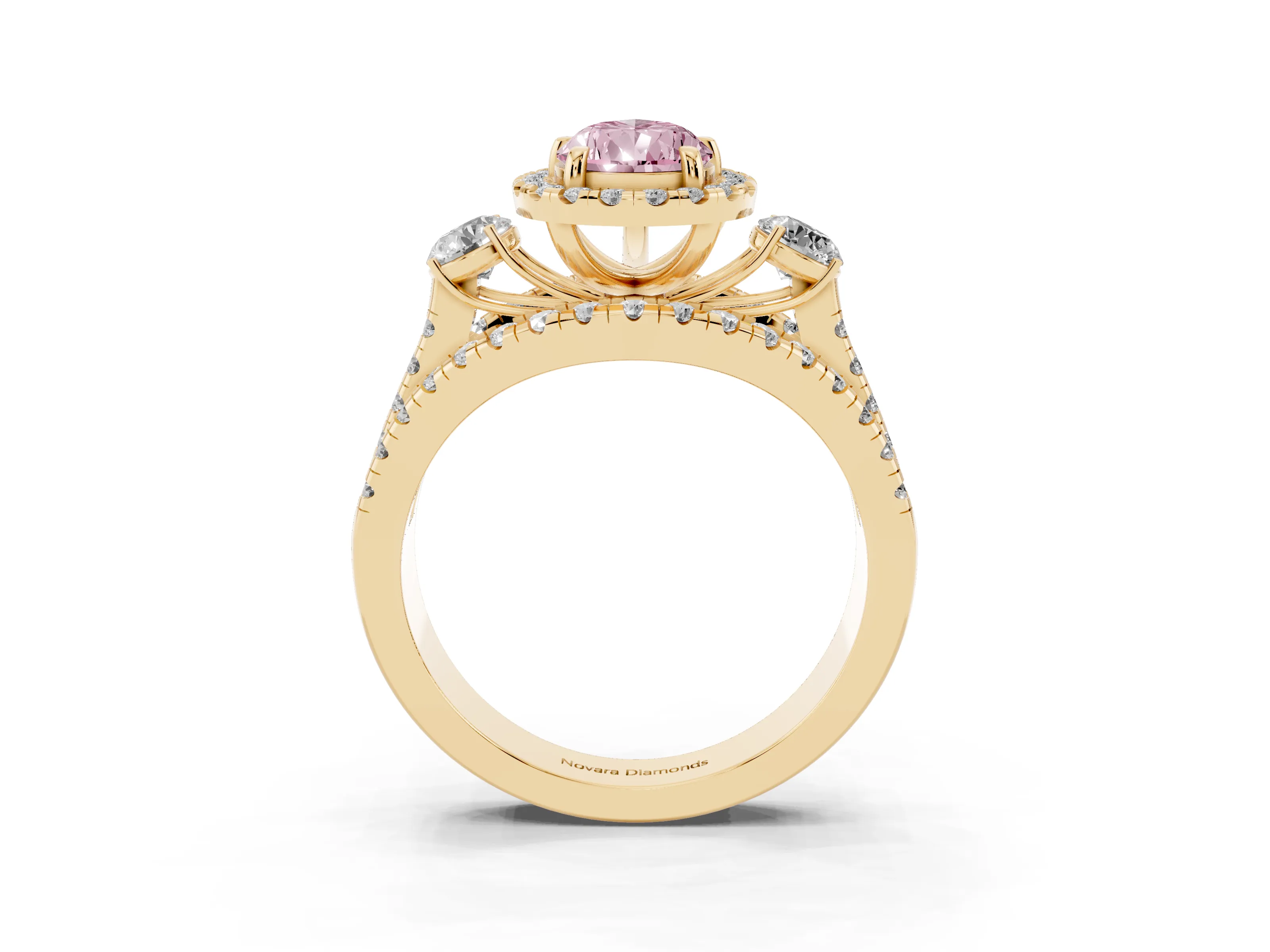 Fancy Pink Pear Cut Diamond Halo Split Shank Ring Set in Yellow gold with Round Accent Stones and Prong Setting