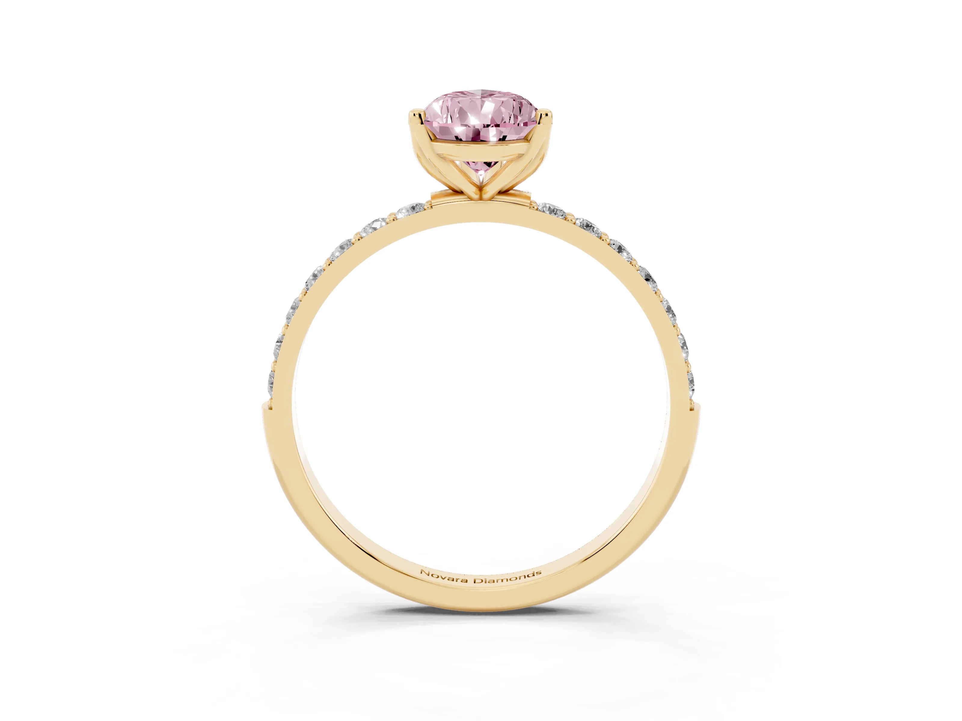 Fancy Pink Pear Cut Diamond Solitaire Engagement Ring Set in Yellow gold with Round Pavé Band and Prong Setting