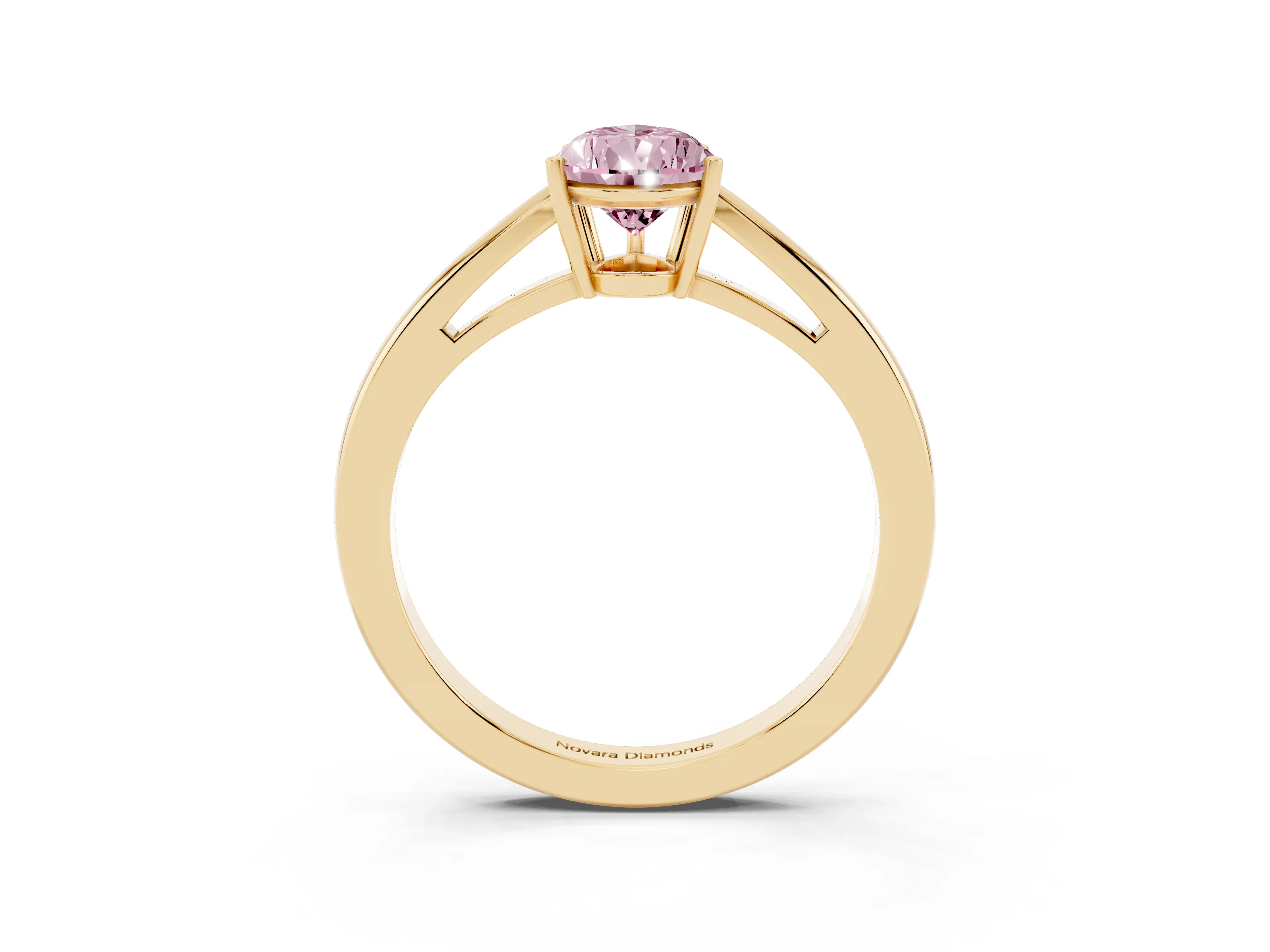 Fancy Pink Pear Cut Diamond Solitaire Ring Set in Yellow gold with Split Shank and Prong Setting