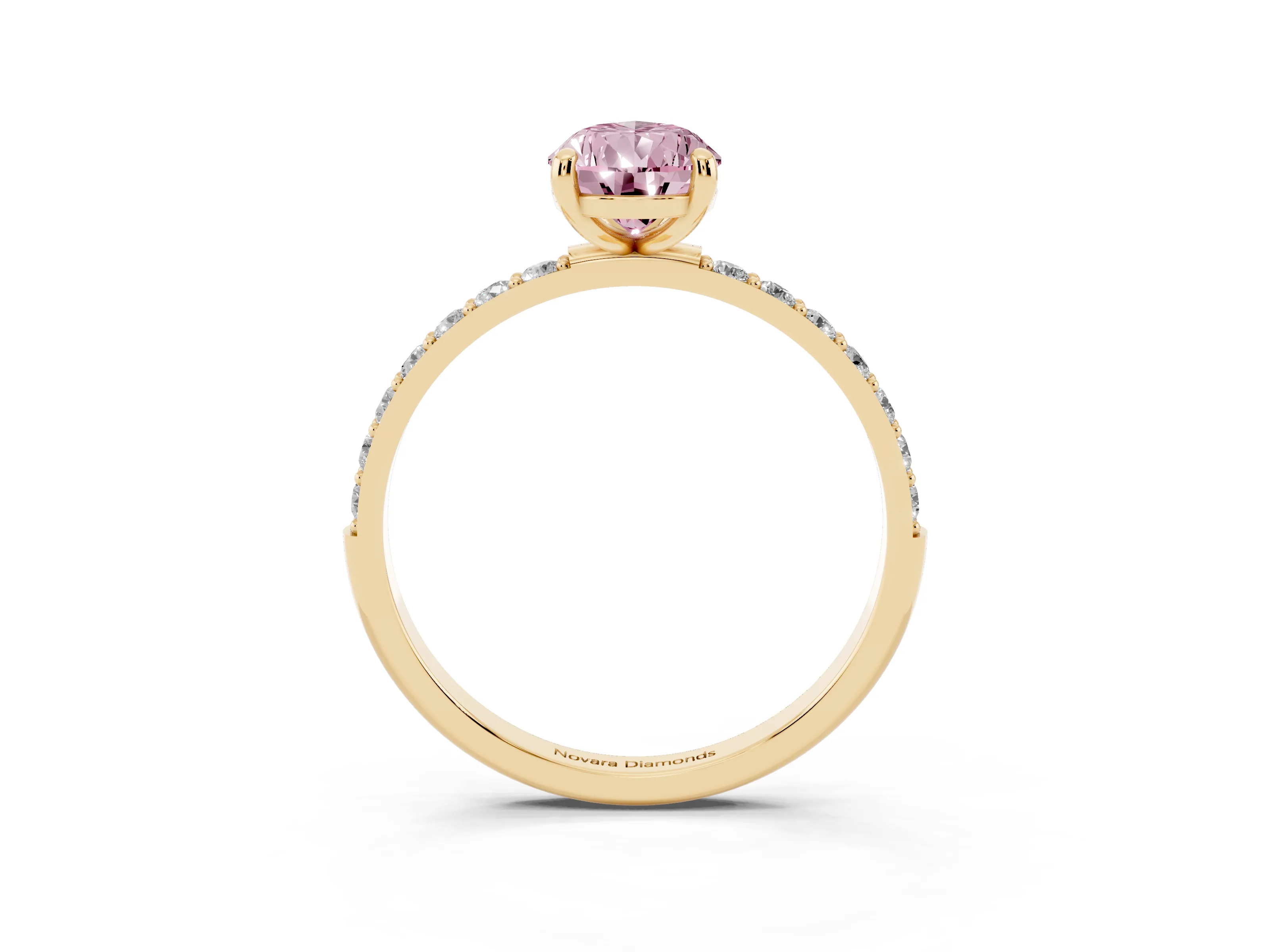 Fancy Pink Pear Cut Diamond Solitaire Ring Set in Yellow gold with Round Pavé Band and Prong Setting