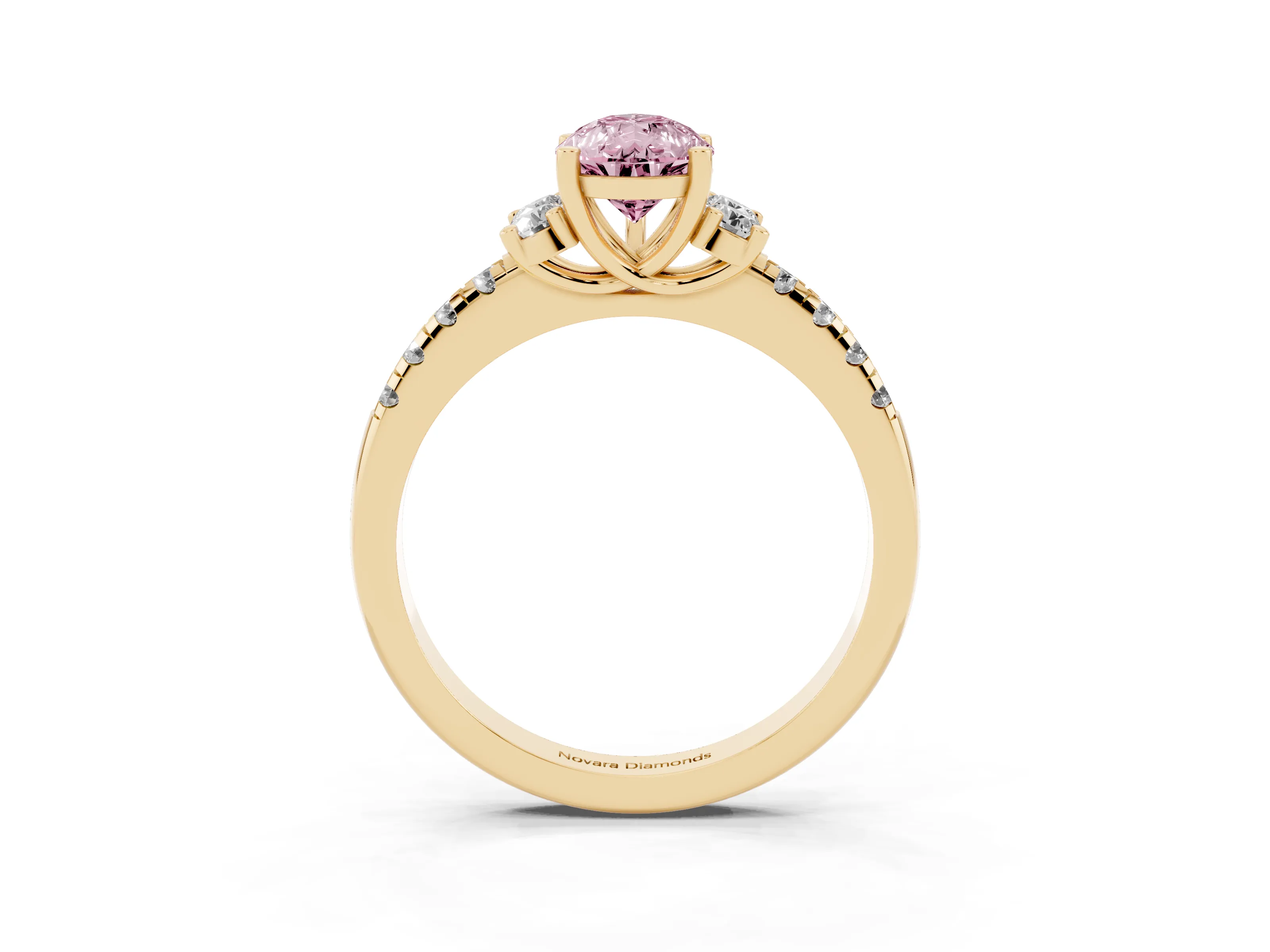 Fancy Pink Pear Cut Diamond Three-Stone Pavé Ring Set in Yellow gold with Prong Setting