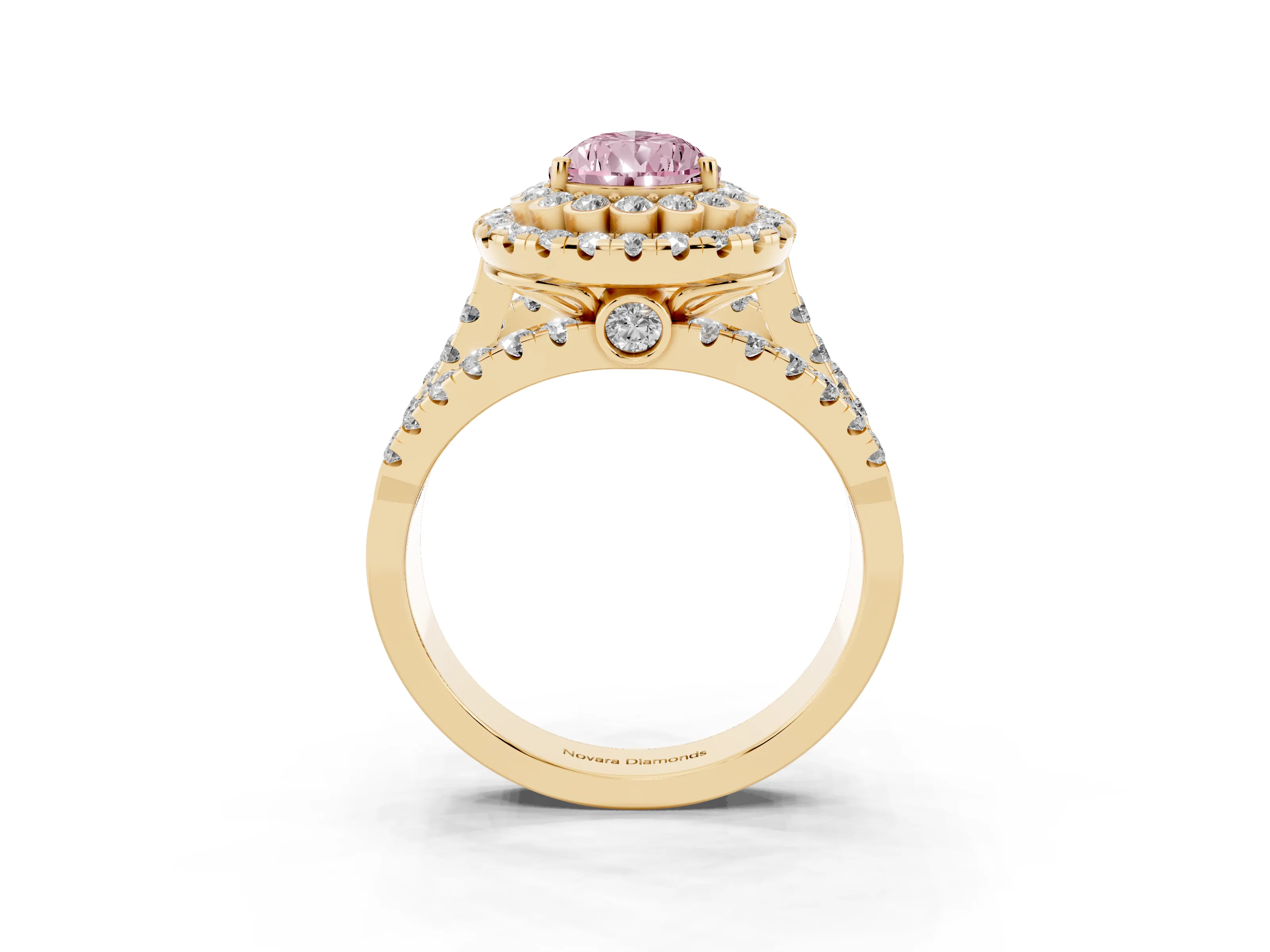 Fancy Pink Pear Cut Diamond Double Halo Ring Set in Yellow gold with Round Pavé Split Shank