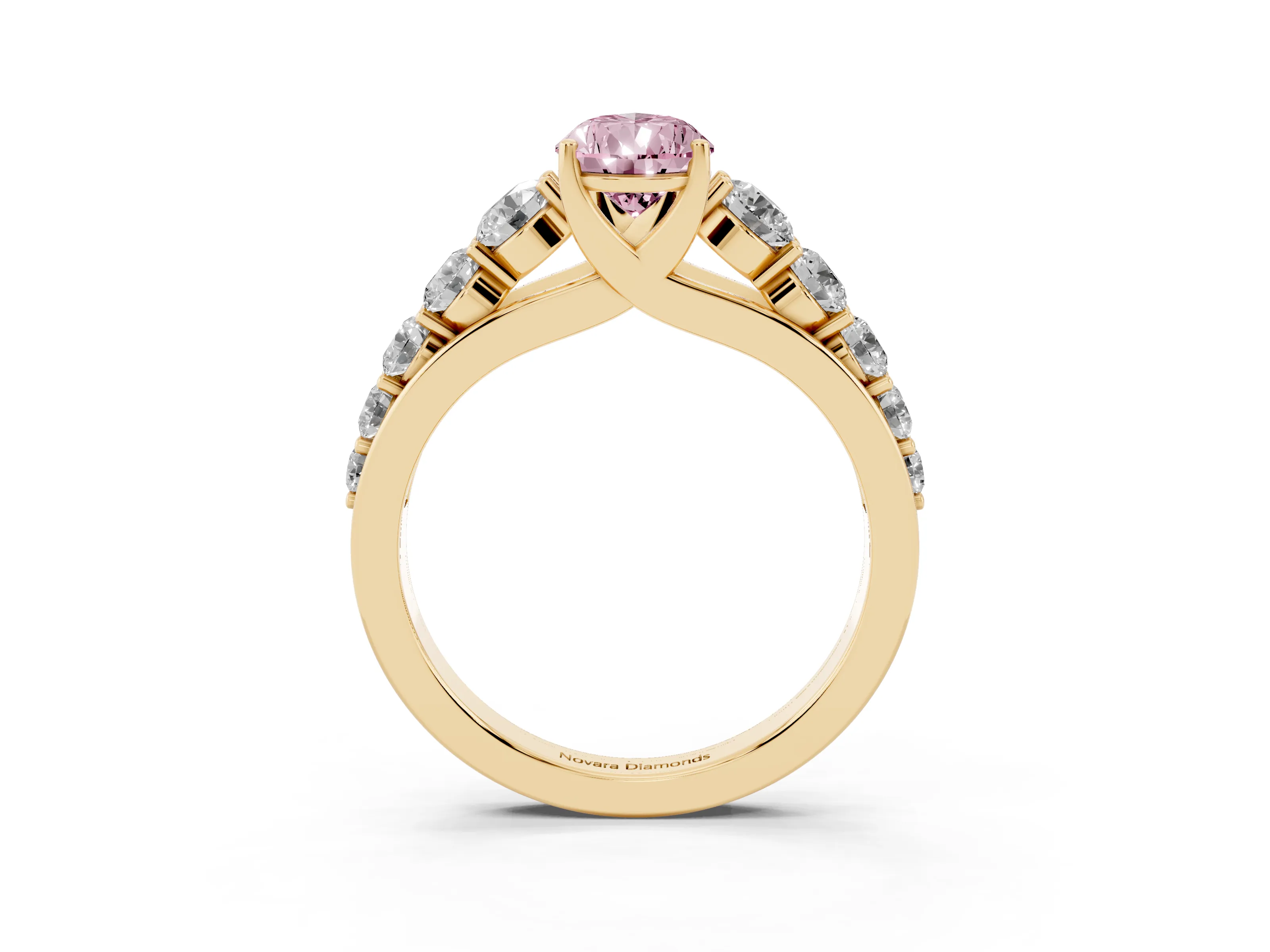 Fancy Pink Pear Cut Diamond Solitaire Ring Set in Yellow gold with Pavé-Set Band and Prong Setting
