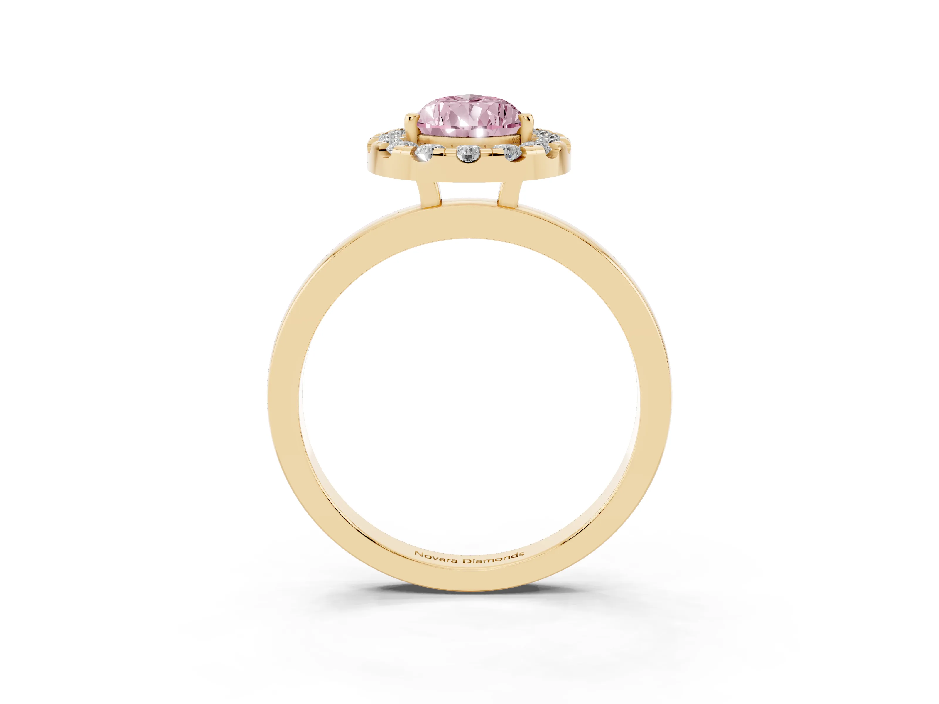 Fancy Pink Pear Cut Diamond Halo Solitaire Ring Set in Yellow gold with Pavé Band and Prong Setting