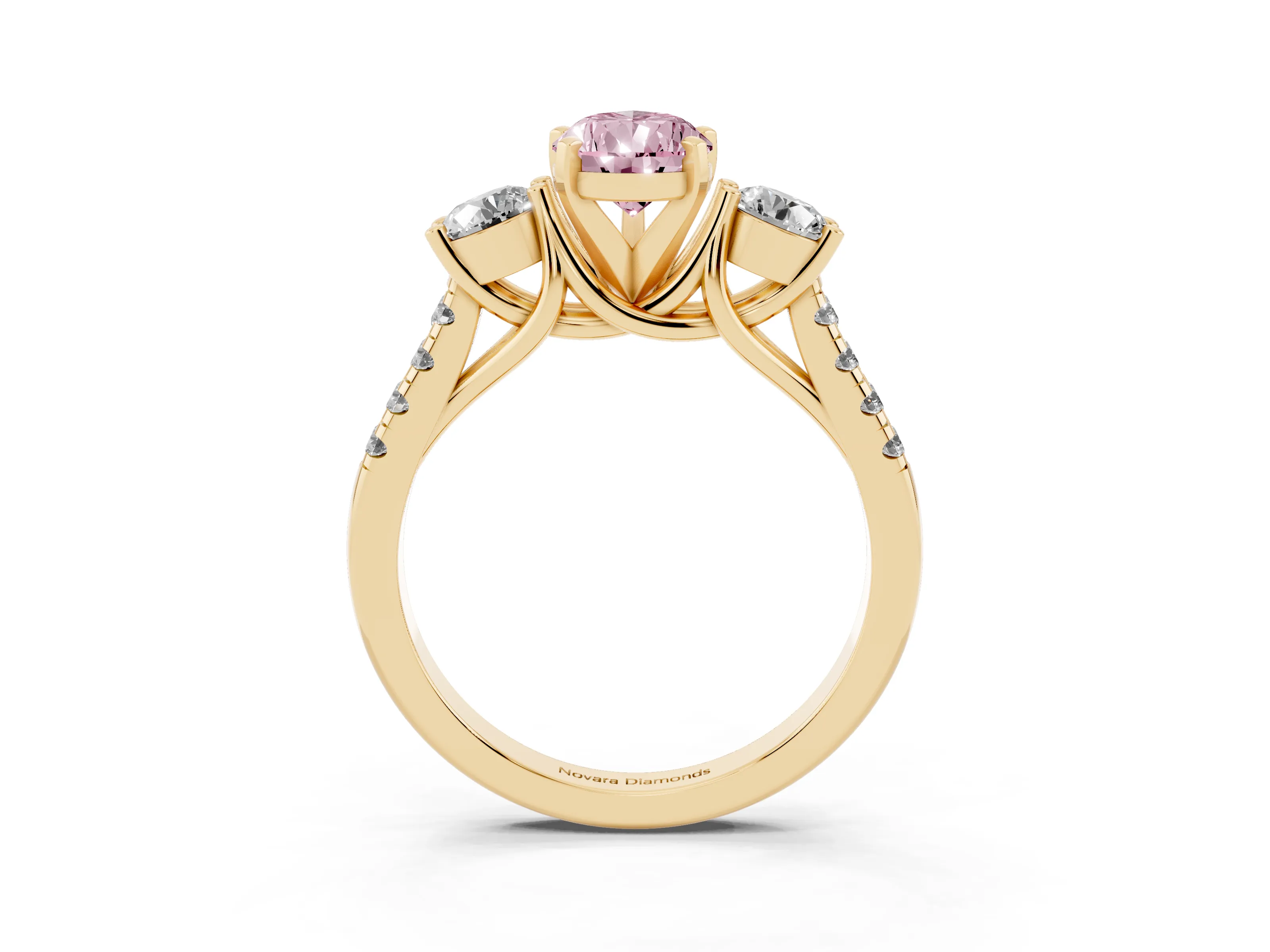 Fancy Pink Three-Stone Pear Cut Diamond Pavé Band Ring Set in Yellow gold with Prong-Set Trio