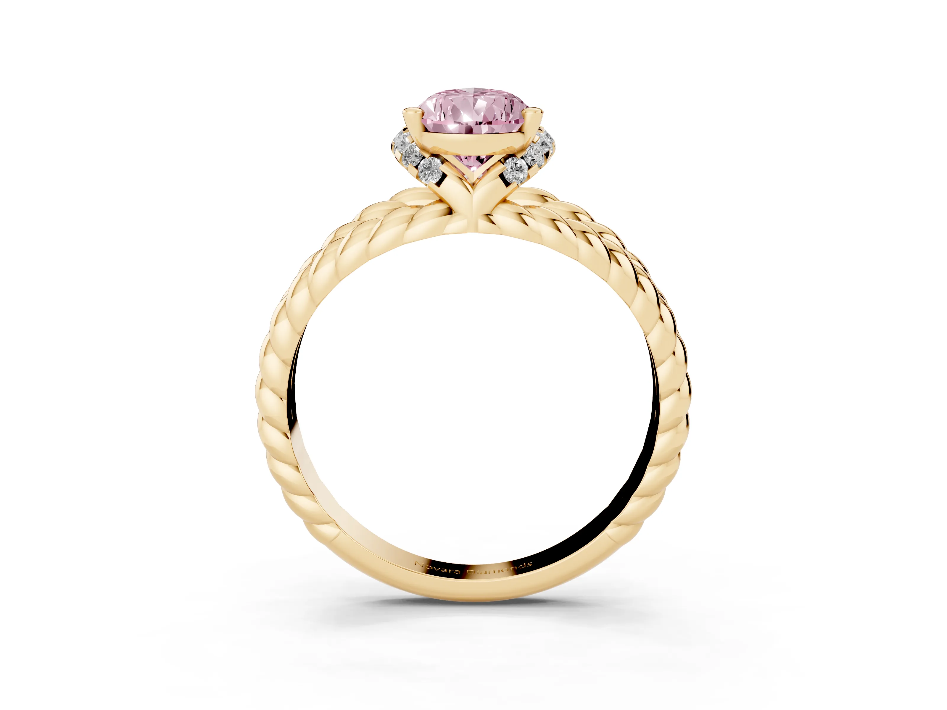 Fancy Pink Pear Cut Diamond Halo Ring Set in Yellow gold with Twisted Band and Prong Setting