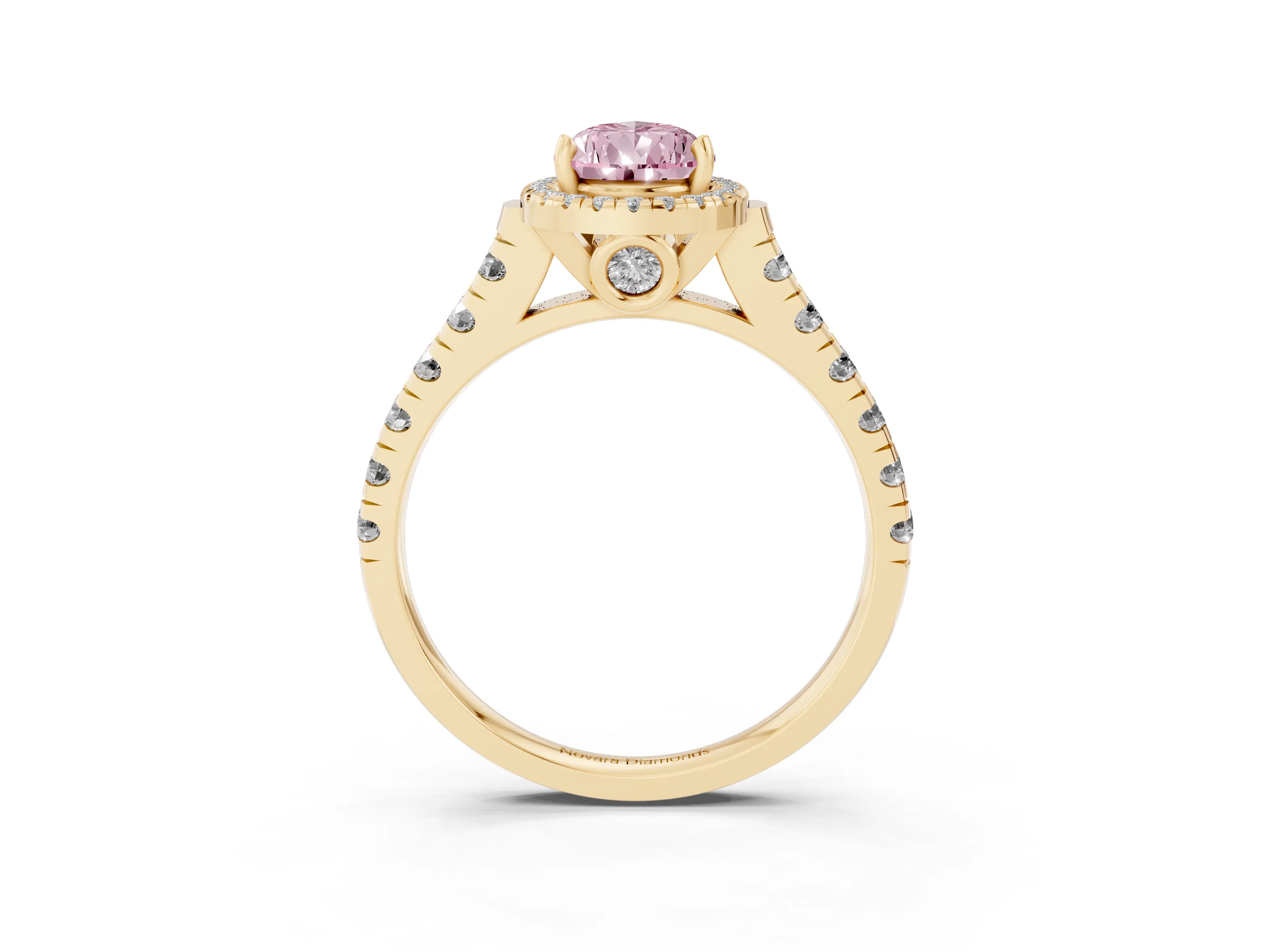 Fancy Pink Pear Cut Diamond Halo Engagement Ring Set in Yellow gold with Pavé Band and Prong-Set Center