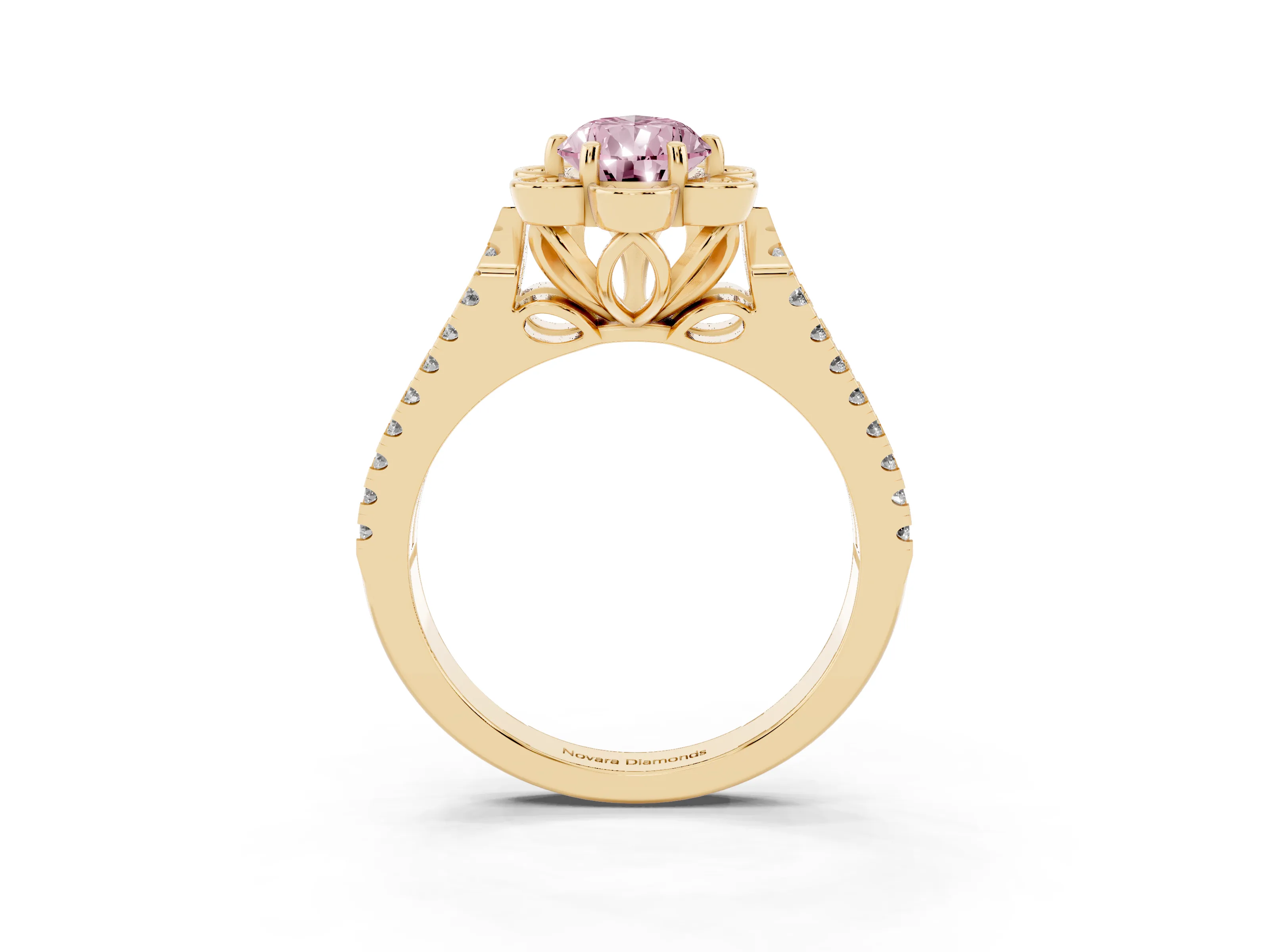 Fancy Pink Pear Cut Diamond Floral Halo Split Shank Engagement Ring Set in Yellow gold with Pavé Shank