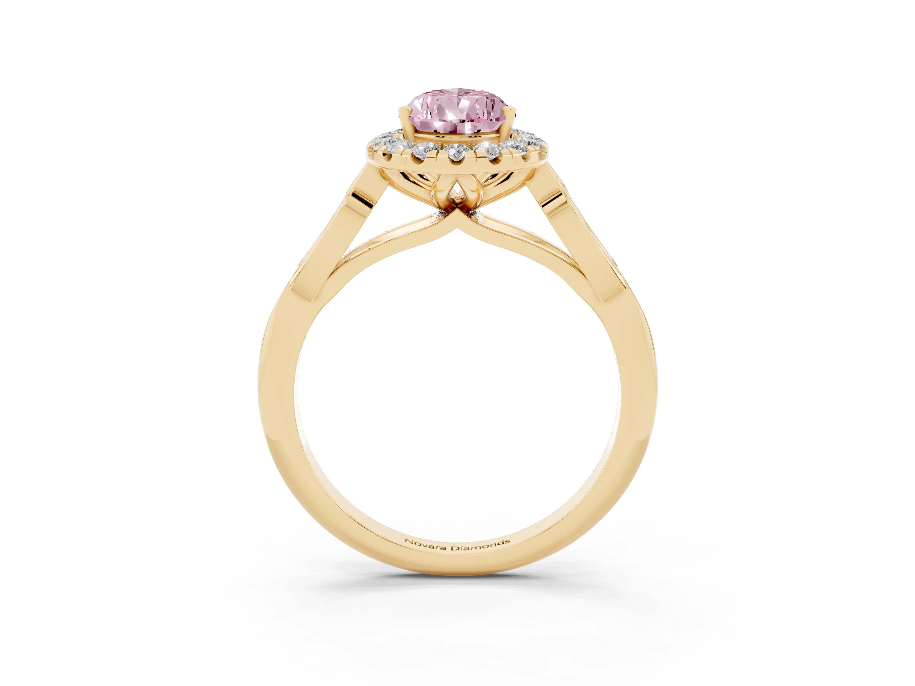 Fancy Pink Pear Cut Diamond Halo Engagement Ring Set in Yellow gold with Filigree Band and Prong-Set Center