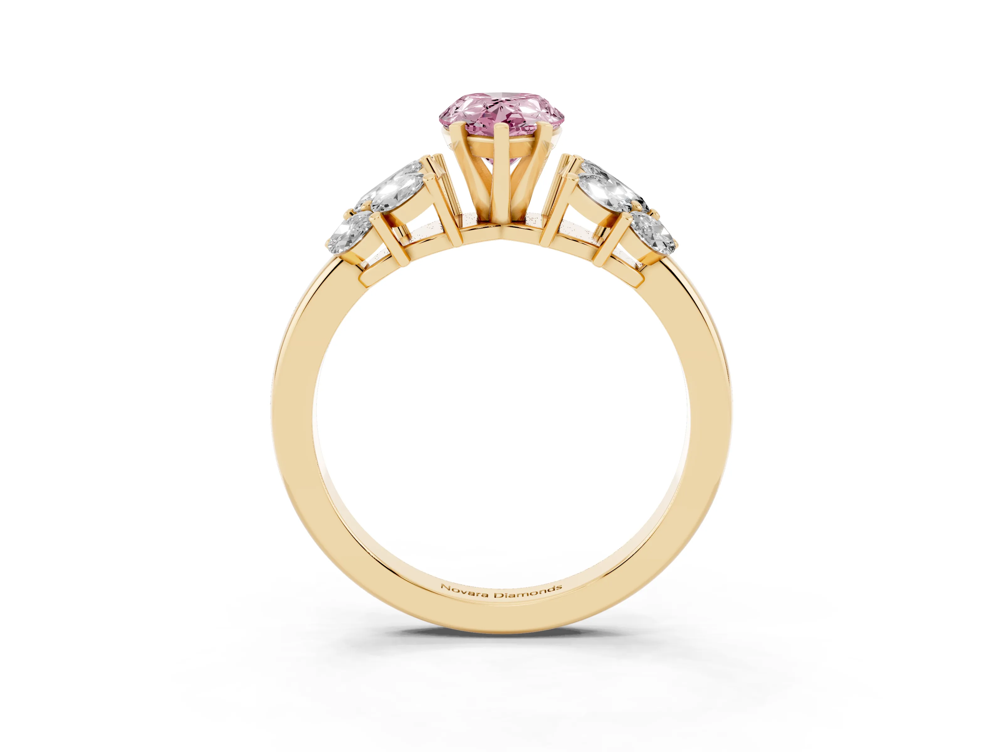 Fancy Pink Pear Cut Diamond Cluster Leaf Design Ring Set in Yellow gold with Prong Setting