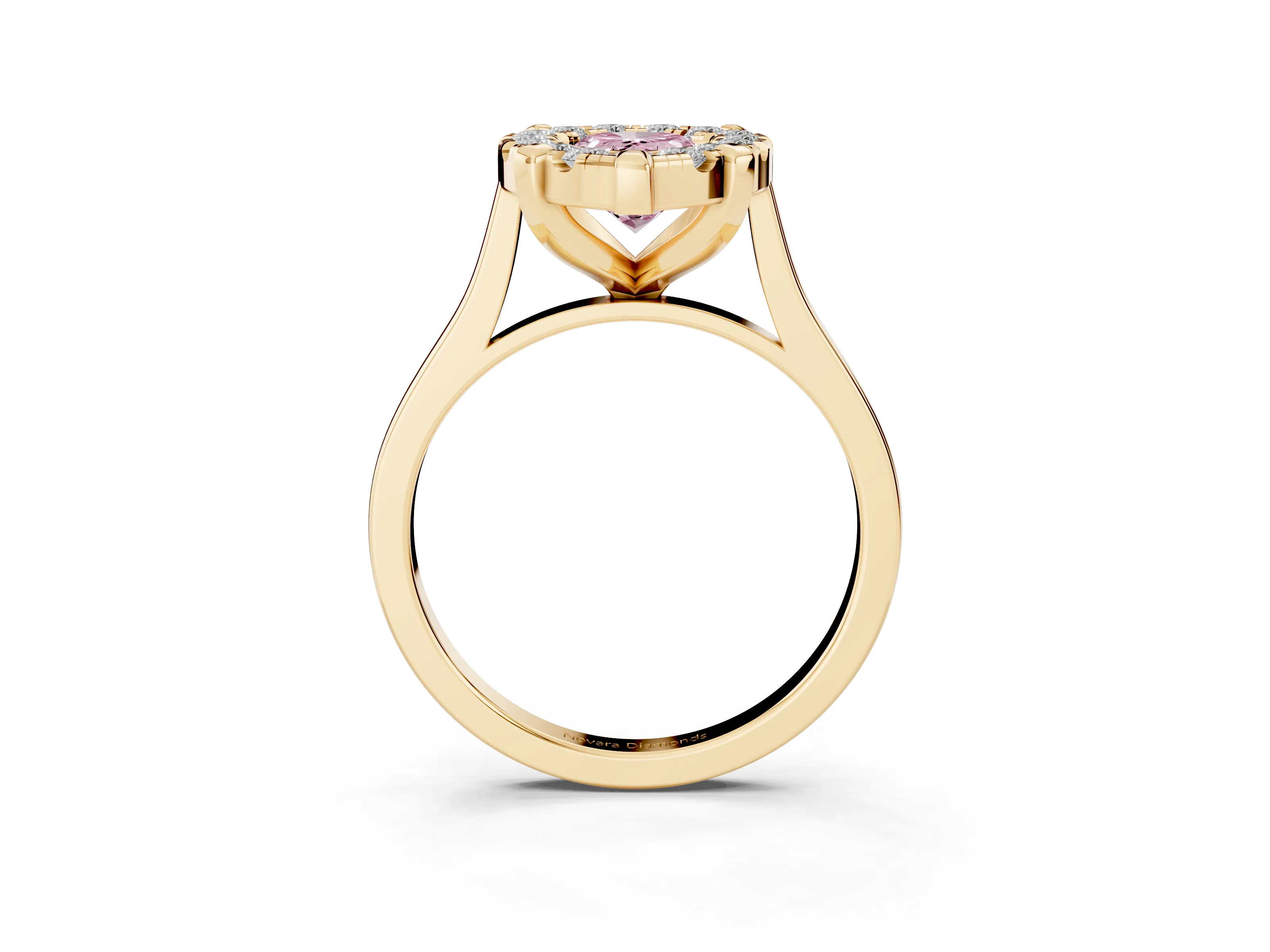 Fancy Pink Pear Cut Diamond Cluster Halo Solitaire Ring Set in Yellow gold with Prong Setting
