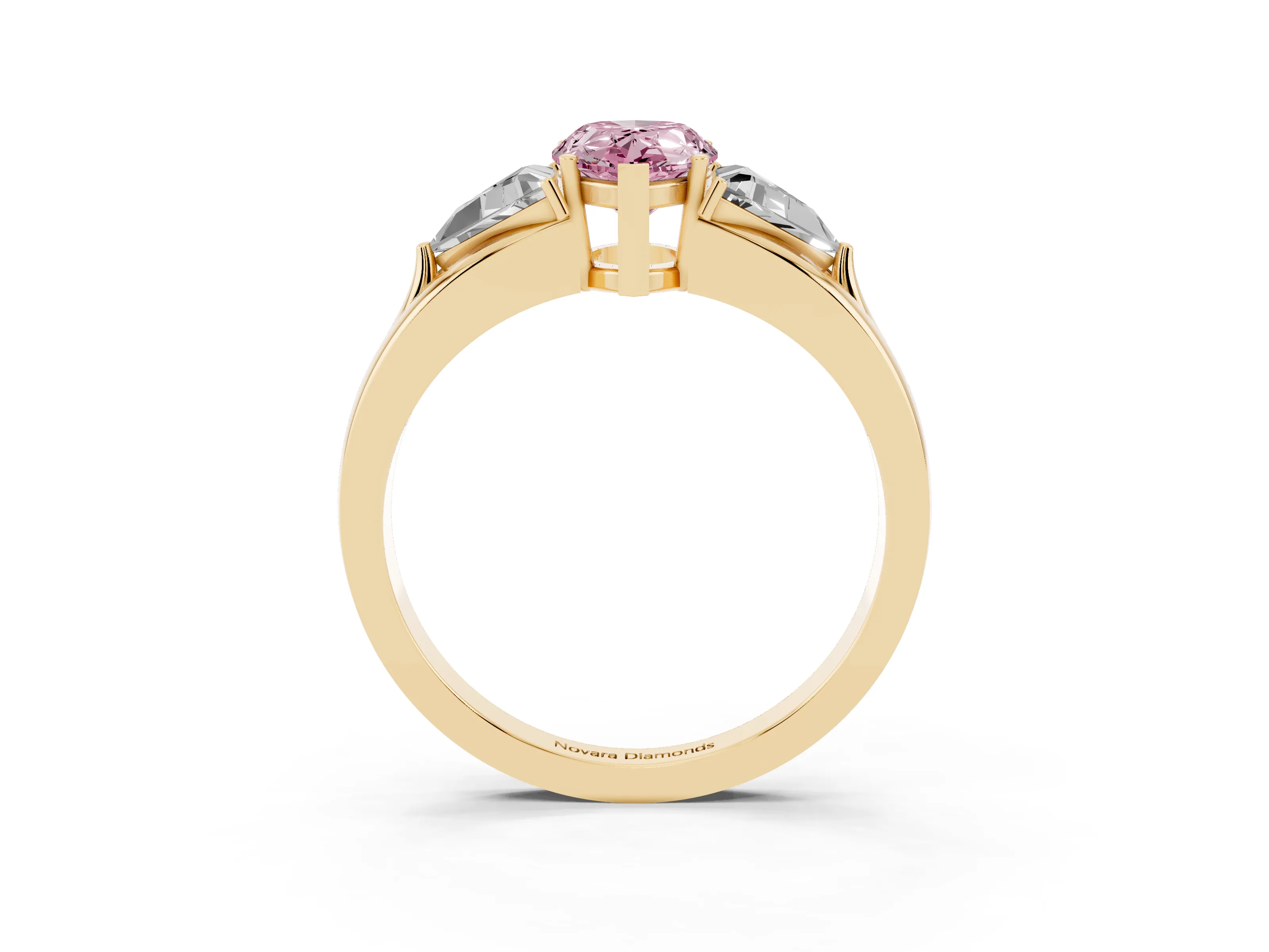 Fancy Pink Pear Cut Diamond Three-Stone Ring Set in Yellow gold with Trillion Side Stones and Split Shank