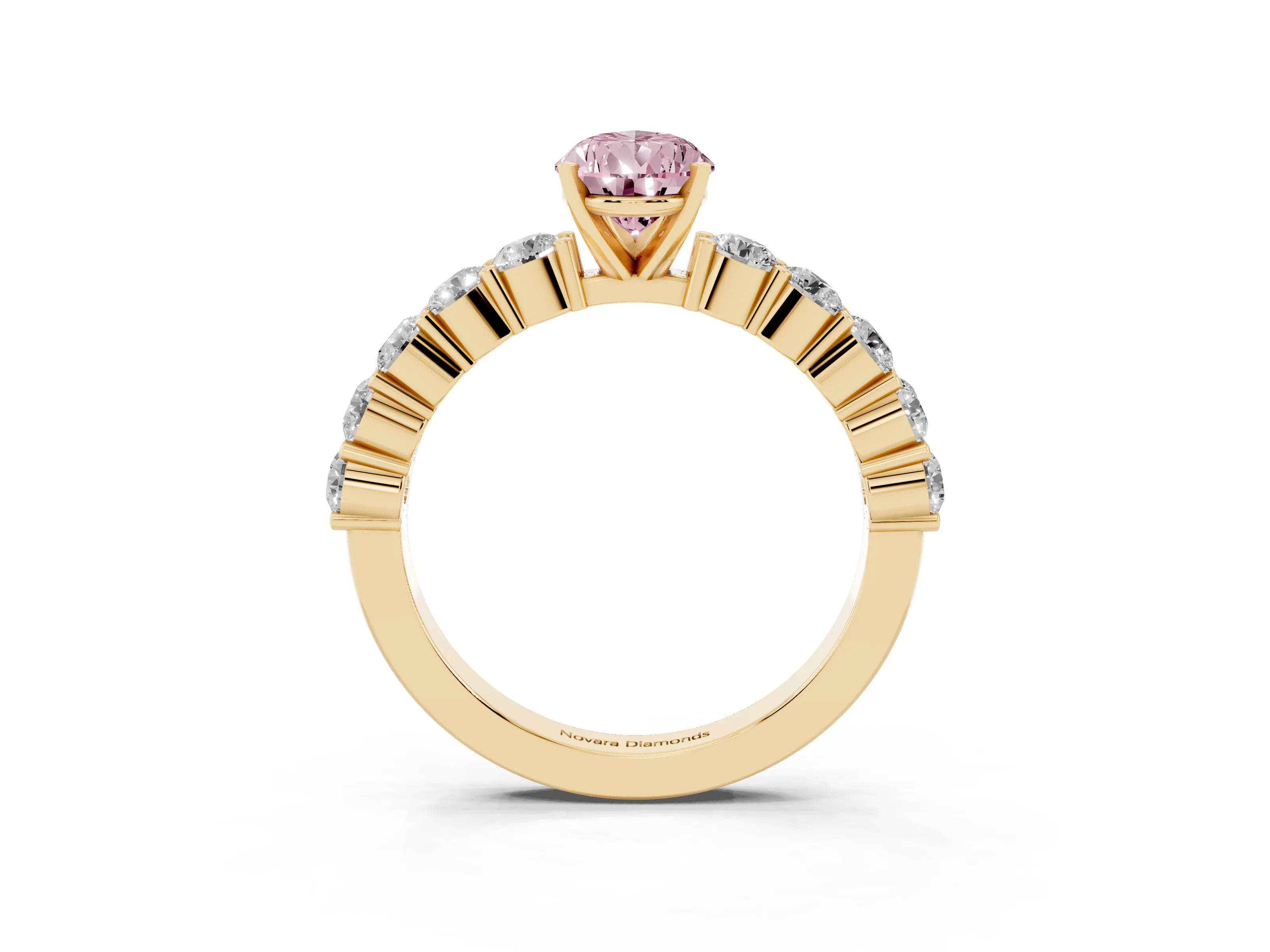 Fancy Pink Pear Cut Diamond Solitaire Ring Set in Yellow gold with Shared Prong Round Side Stones