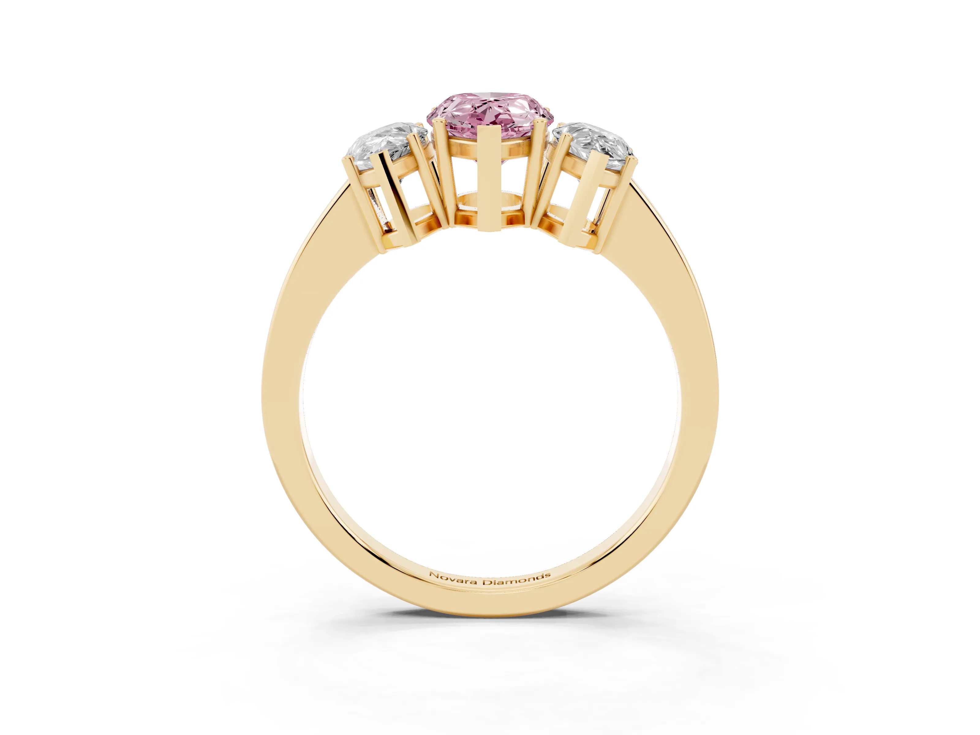 Fancy Pink Pear Cut Diamond Three-Stone Engagement Ring Set in Yellow gold with Flat Band
