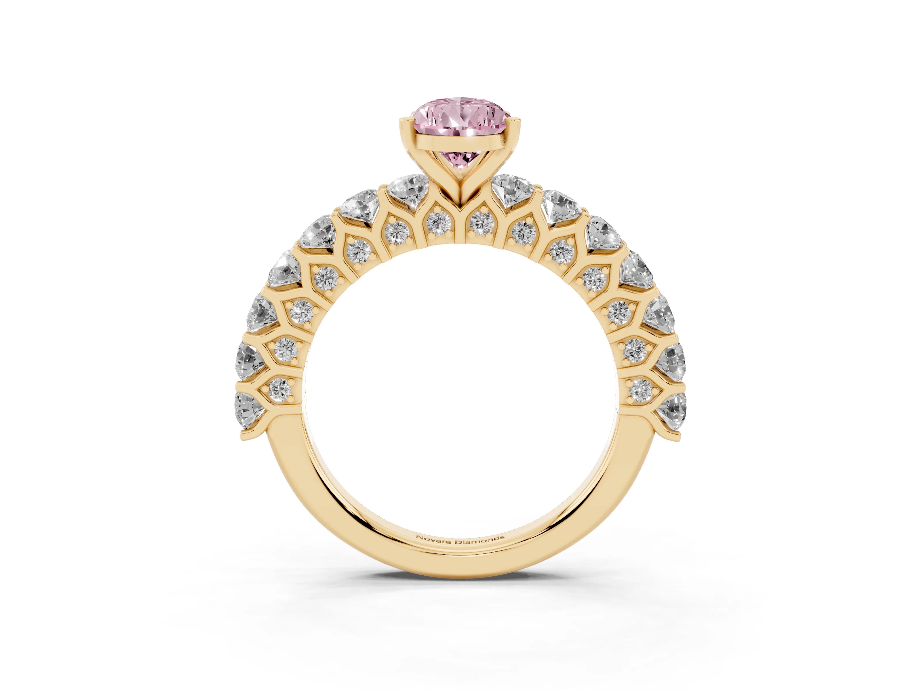 Fancy Pink Pear Cut Diamond Solitaire Ring Set in Yellow gold with Shared Prong Pavé Band