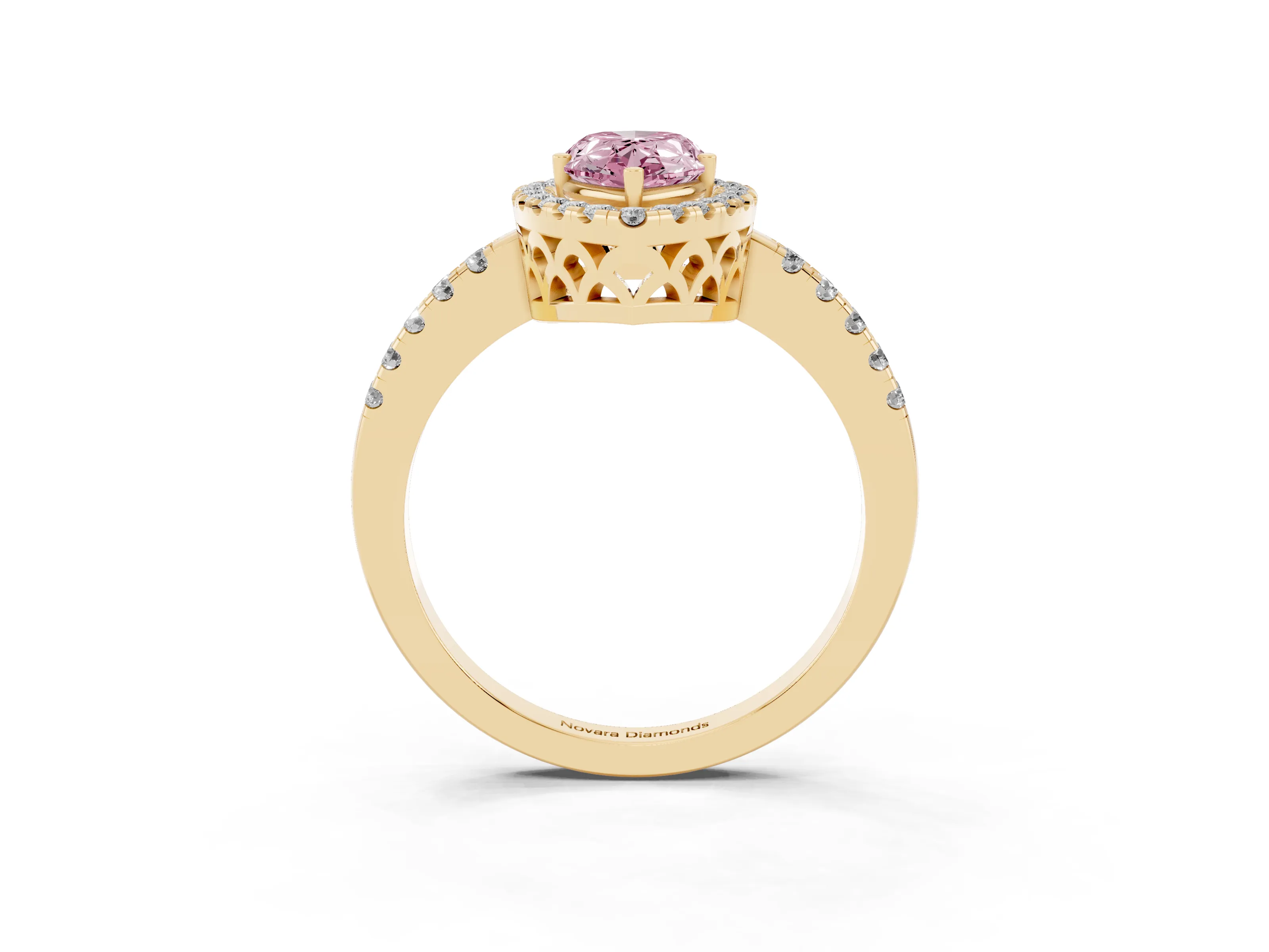 Fancy Pink Pear Cut Diamond Pavé Band Halo Engagement Ring Set in Yellow gold with Prong Setting