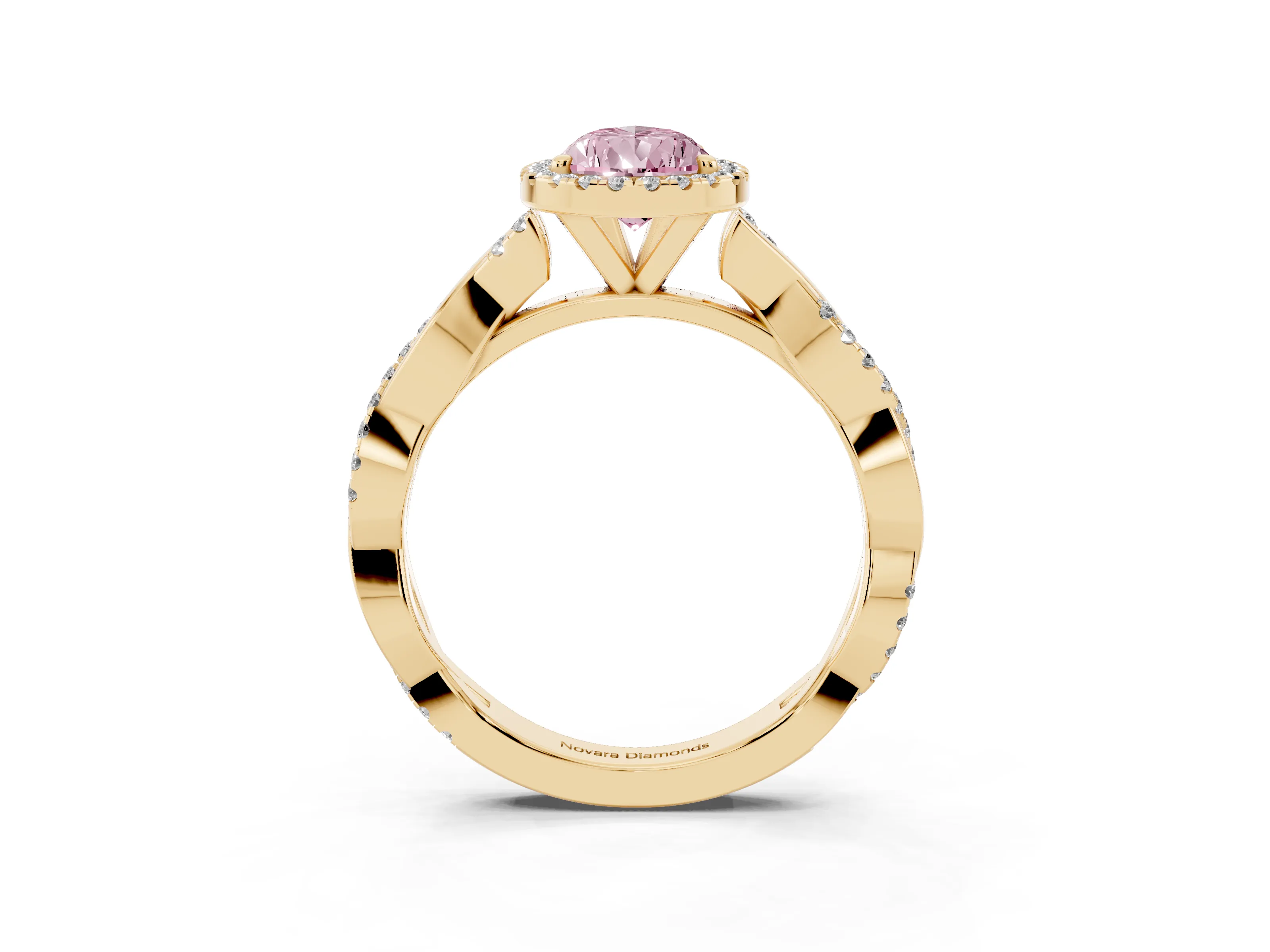 Fancy Pink Pear Cut Diamond Halo Twisted Band Ring Set in Yellow gold with Prong Setting