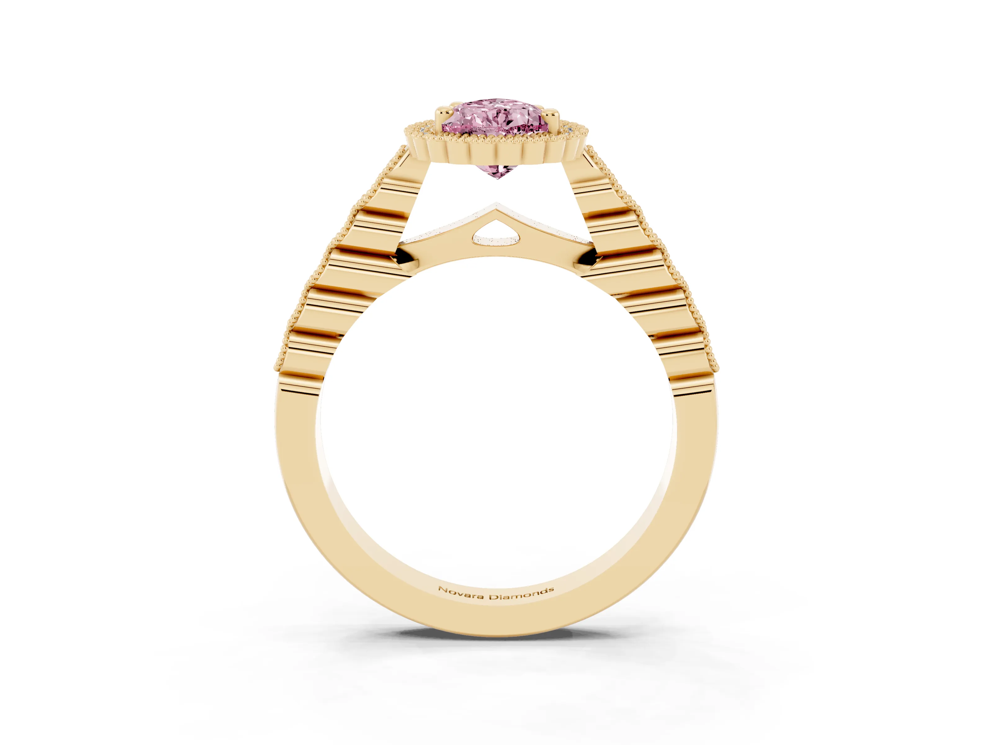 Fancy Pink Pear Cut Diamond Halo Ring Set in Yellow gold with Pavé Milgrain Band