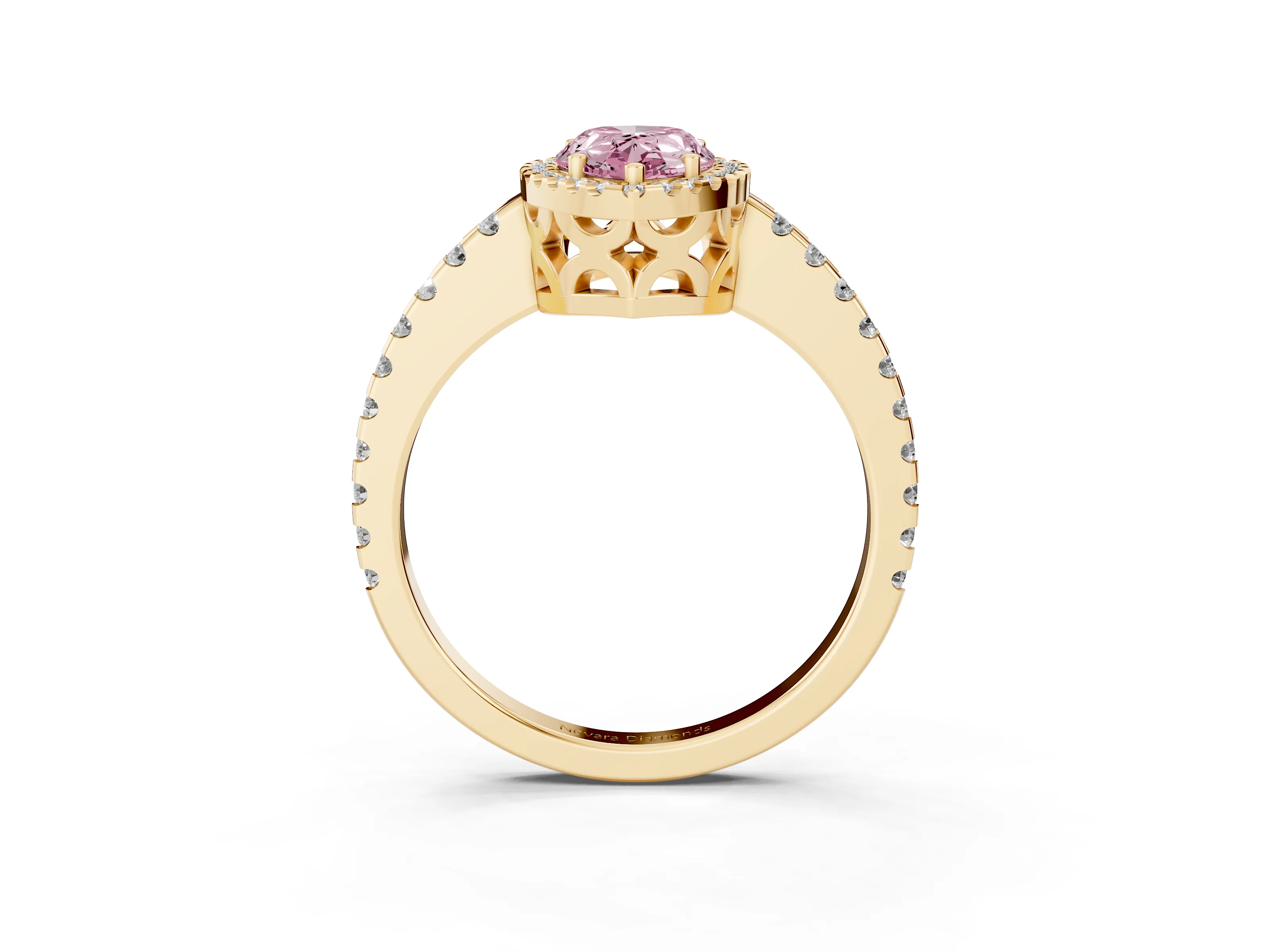 Fancy Pink Pear Cut Diamond Halo Ring Set in Yellow gold with Pavé Shoulders and Halo-Framed Center