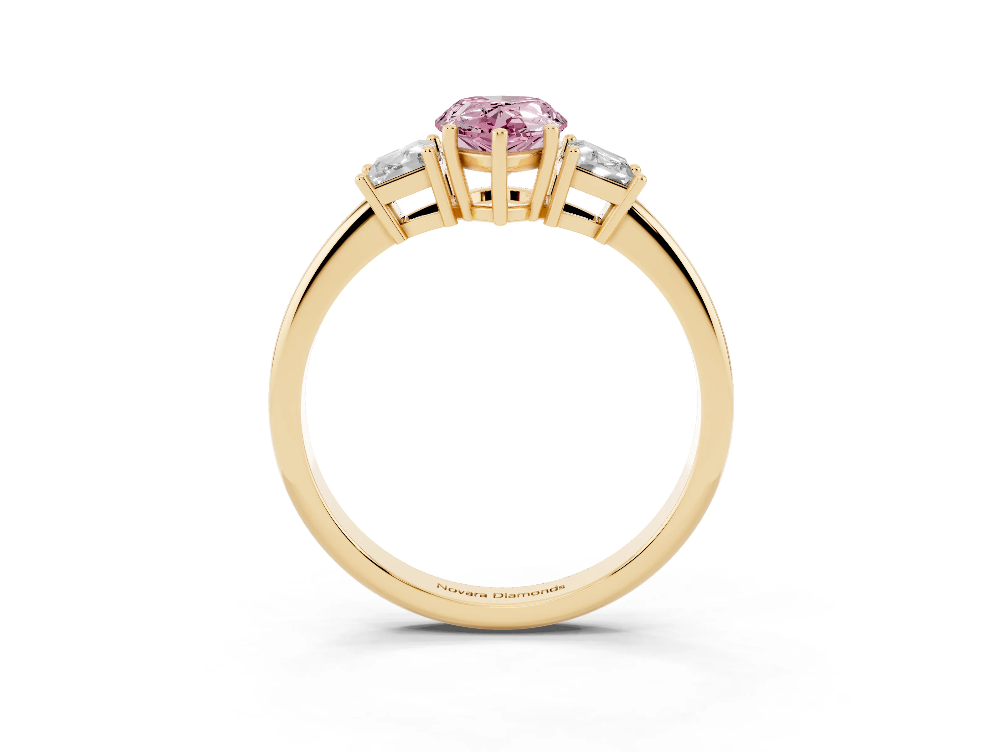 Fancy Pink Pear Cut Diamond Three-Stone Ring Set in Yellow gold with Trapezoid Side Stones and Prong Setting