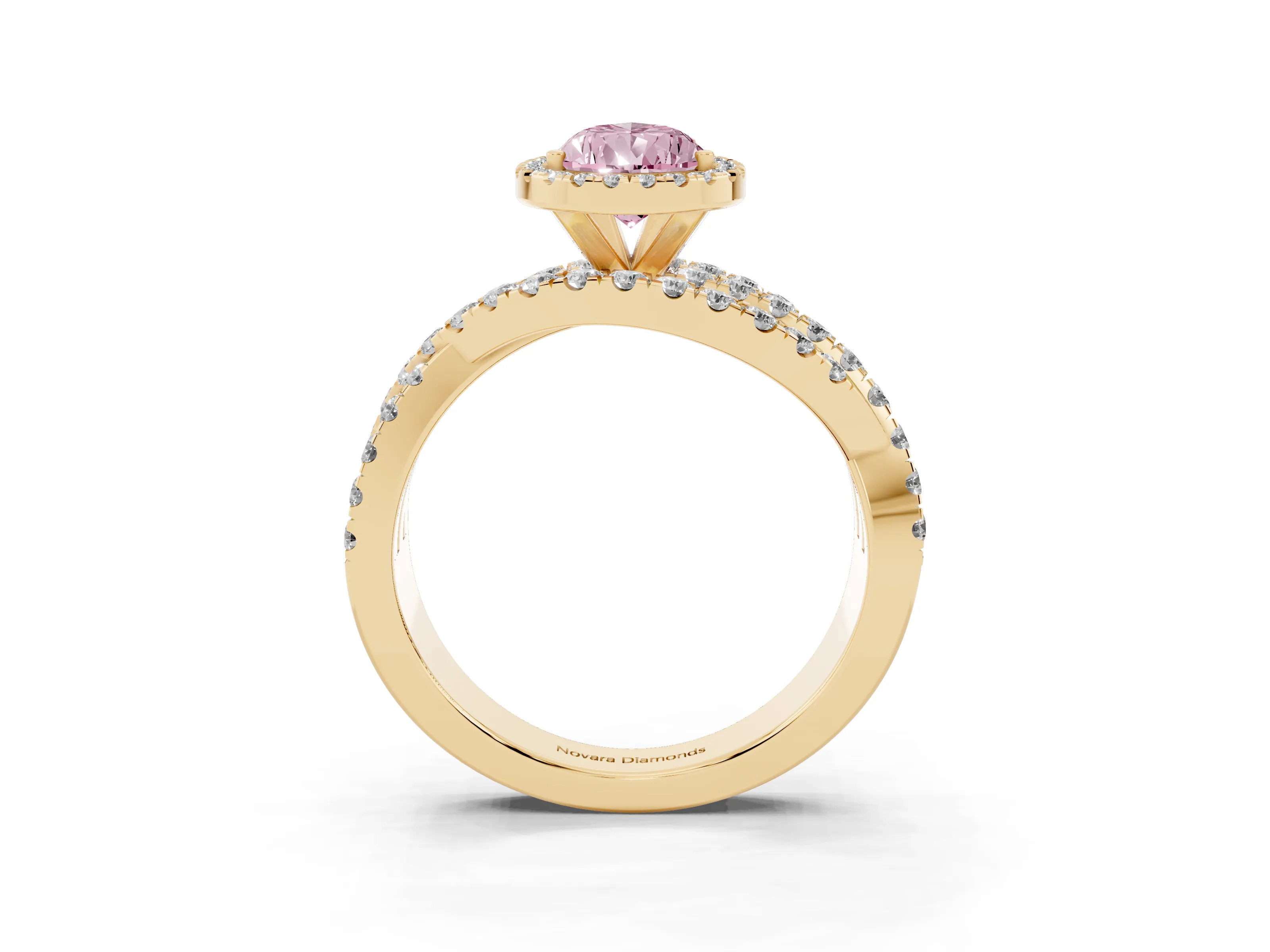 Fancy Pink Pear Cut Diamond Halo Ring Set in Yellow gold with Round Crossover Split Shank and Prong Setting
