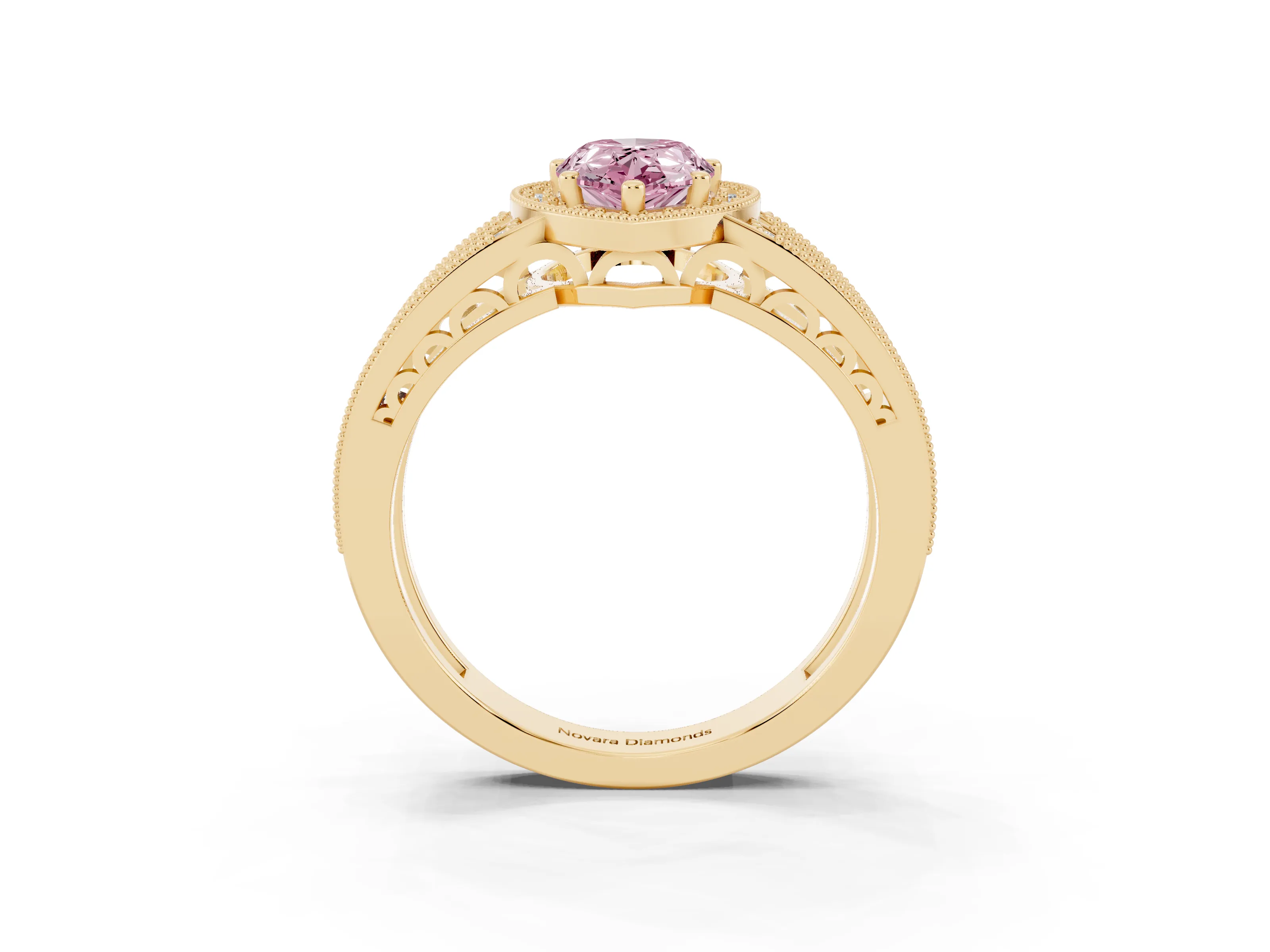 Fancy Pink Pear Cut Diamond Halo Ring Set in Yellow gold with Accent Split Shank and Prong Setting