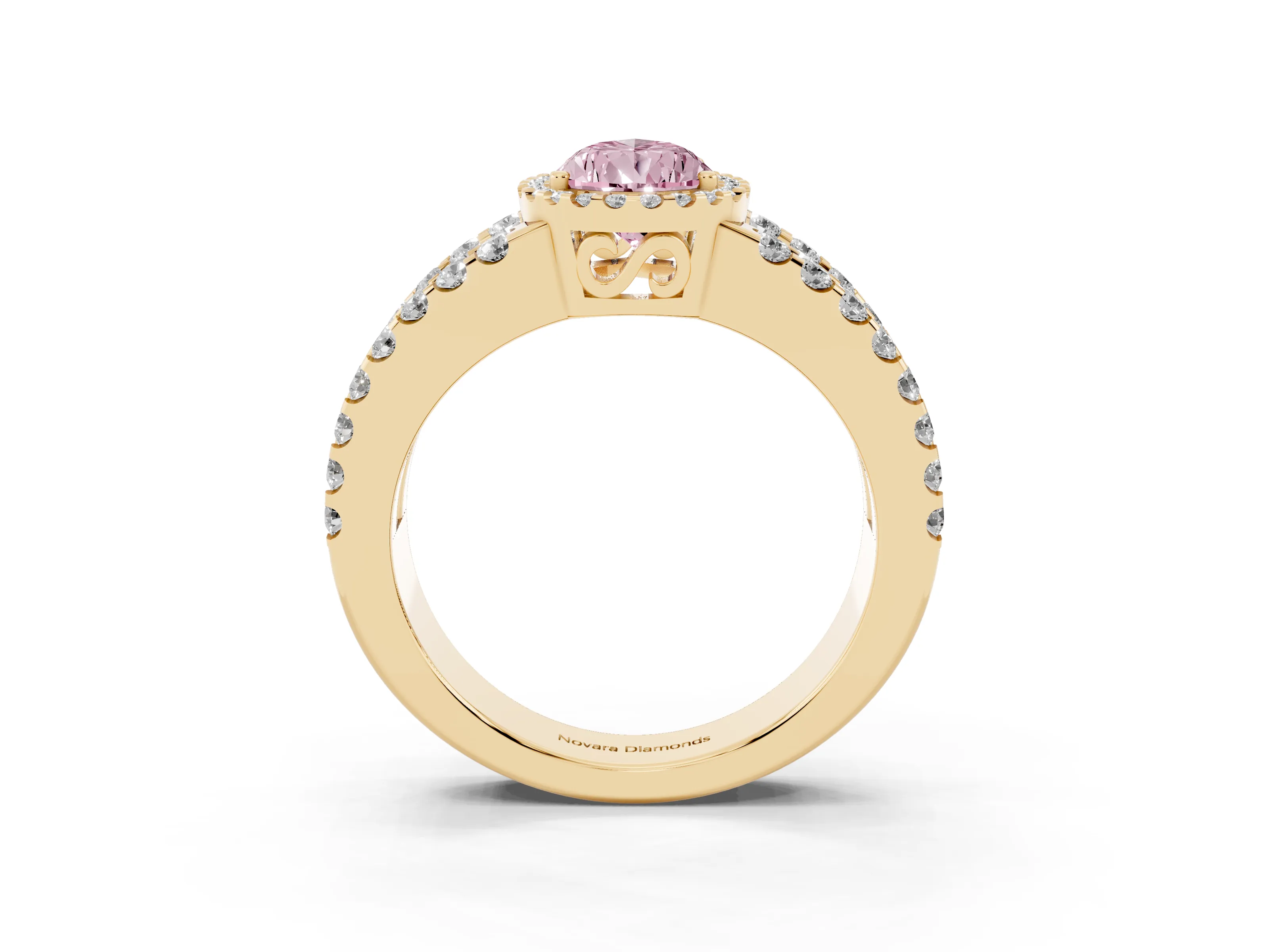 Fancy Pink Pear Cut Diamond Halo Ring Set in Yellow gold with Pavé Split Shank and Prong Setting