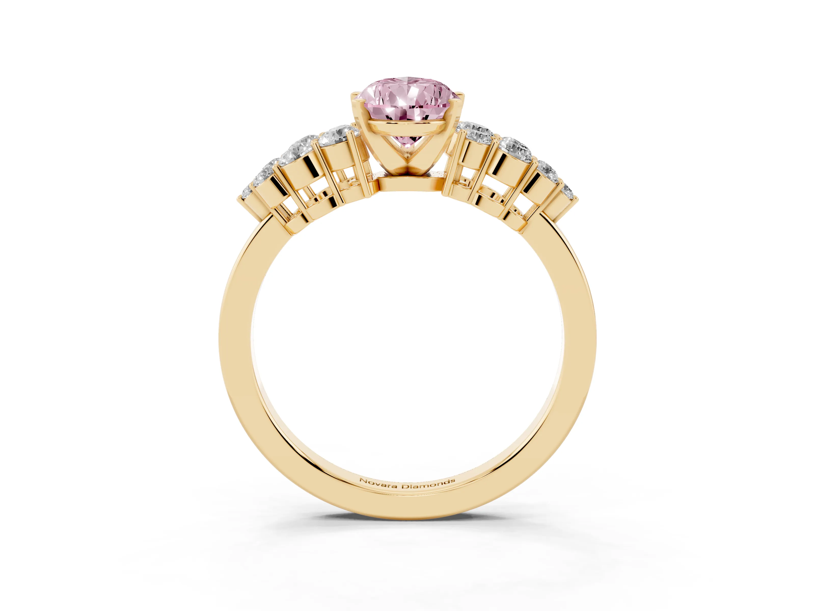 Fancy Pink Pear Cut Diamond Cluster Engagement Ring Set in Yellow gold with Pavé Band and Prong Setting